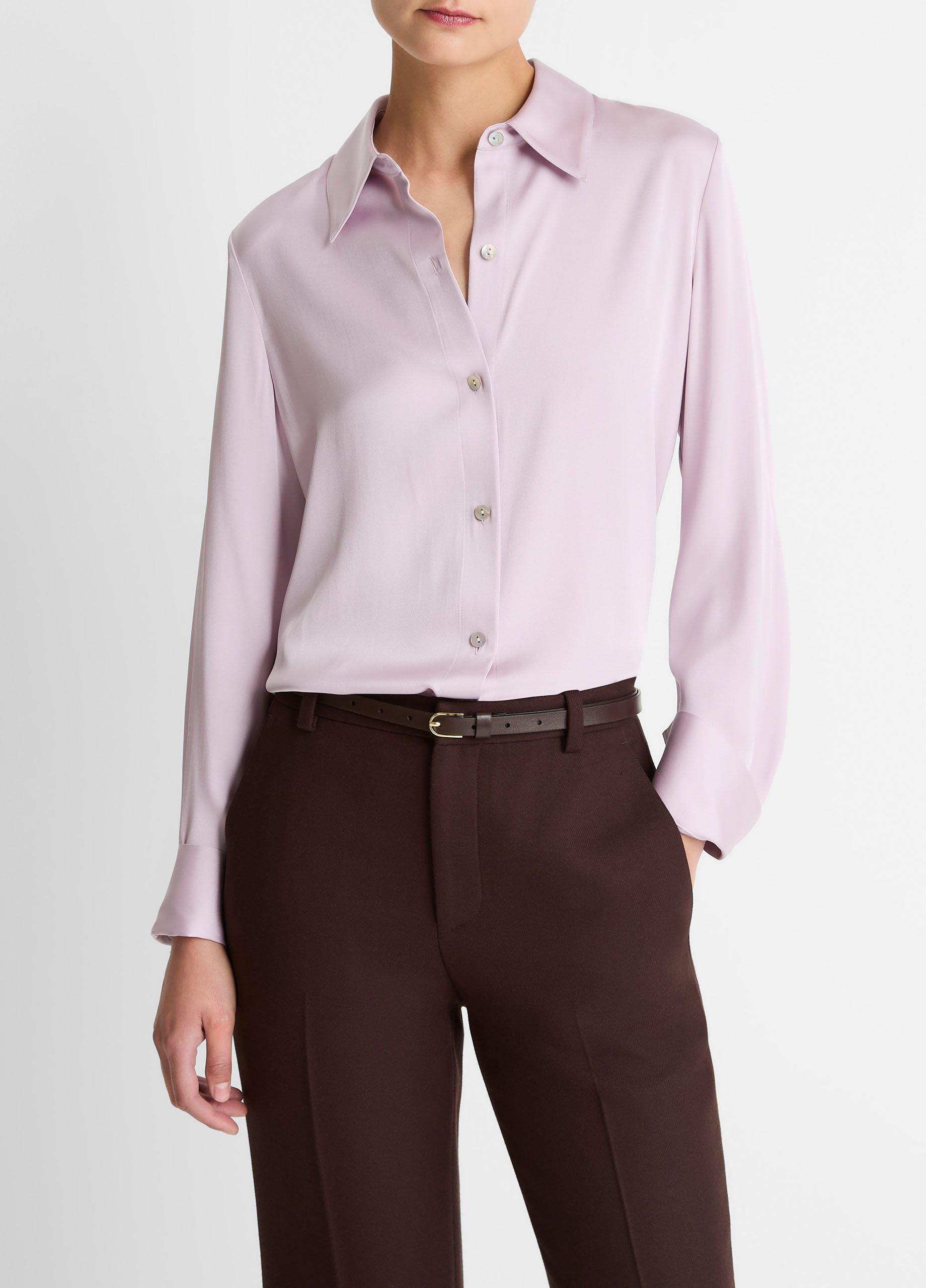 Women's Silk-Blend Slim Button-Front Blouse, Iris Quartz, Size M Vince