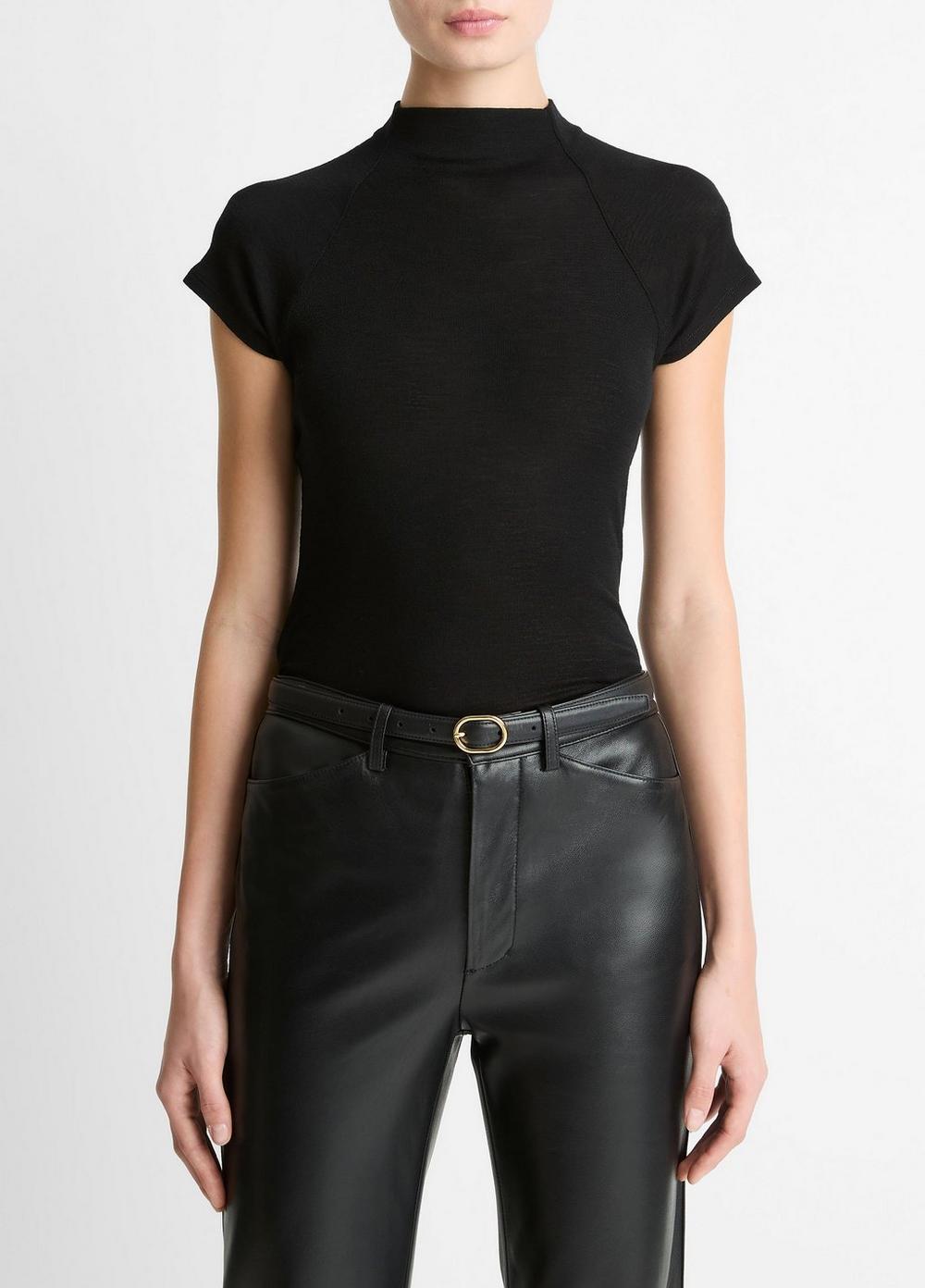 Women's Wool Raglan Cap-Sleeve Mock-Neck Top, Black, Size M Vince
