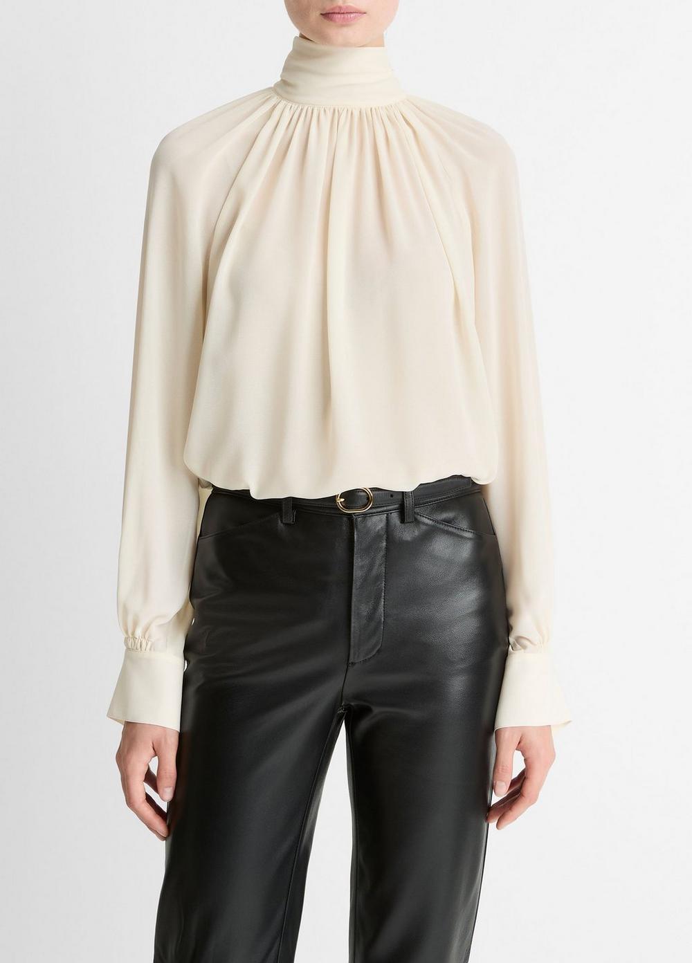 Women's Gathered Draped-Neck Crepe Blouse, Cream, Size L Vince