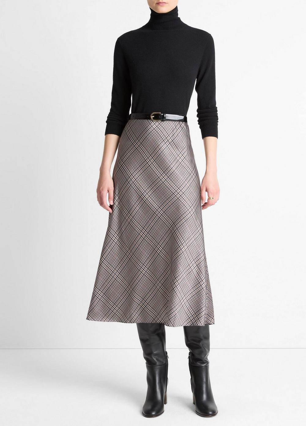 Women's Pressed Plaid Satin Slip Skirt, Multi Plaid, Size XXS Vince
