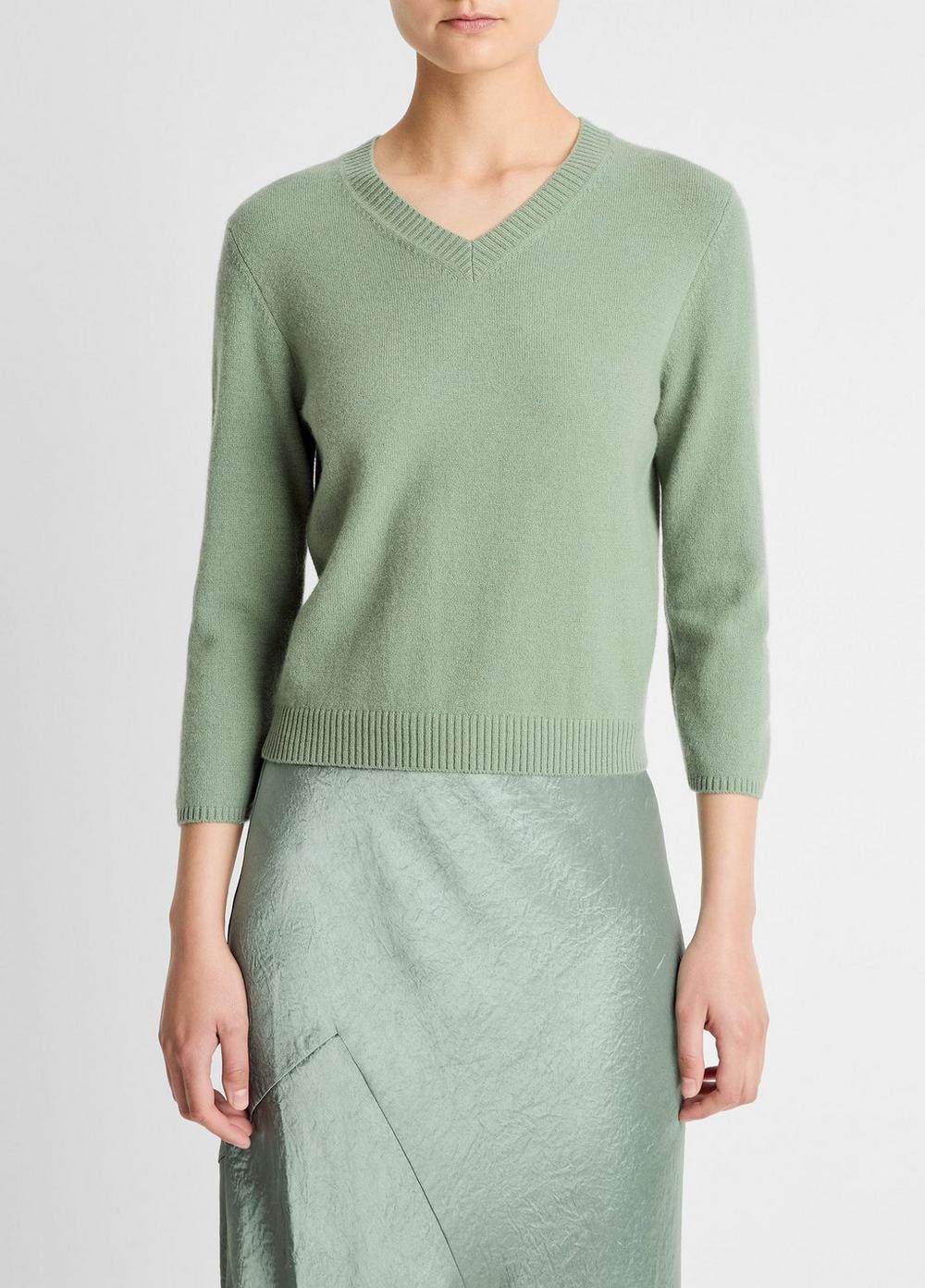 Women's Wool & Cashmere-Blend Three-quarter-Sleeve V-Neck Sweater, Dark Pistacchi, Size XXS Vince