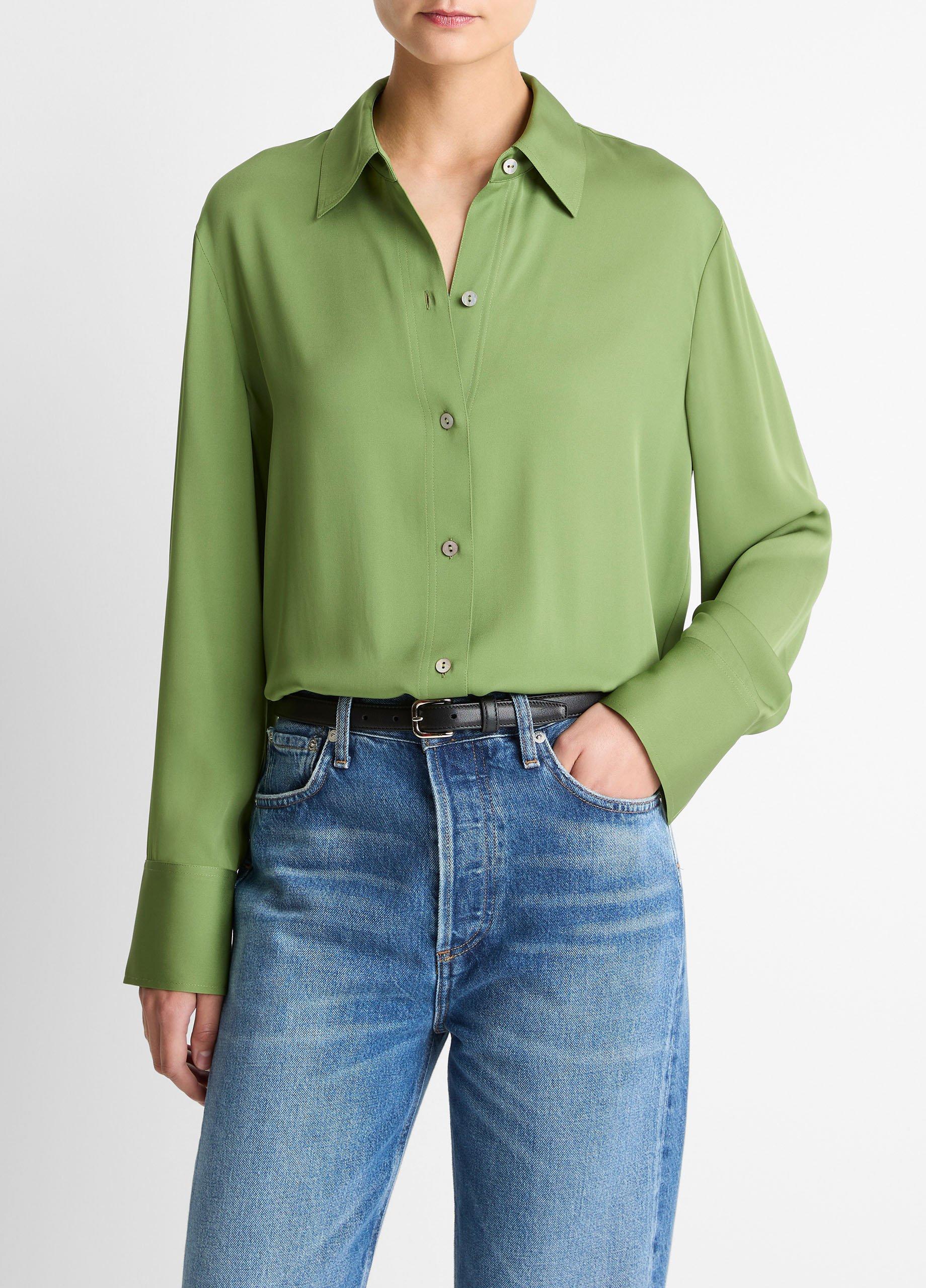 Women's Stretch-Silk Button-Front Blouse, Clover, Size XXS Vince