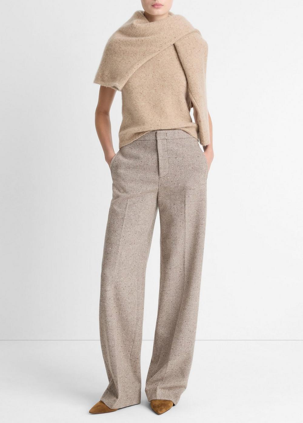 Women's Donegal Wool-Blend Wide-Leg Trouser, Oat Stone, Size 8 Vince