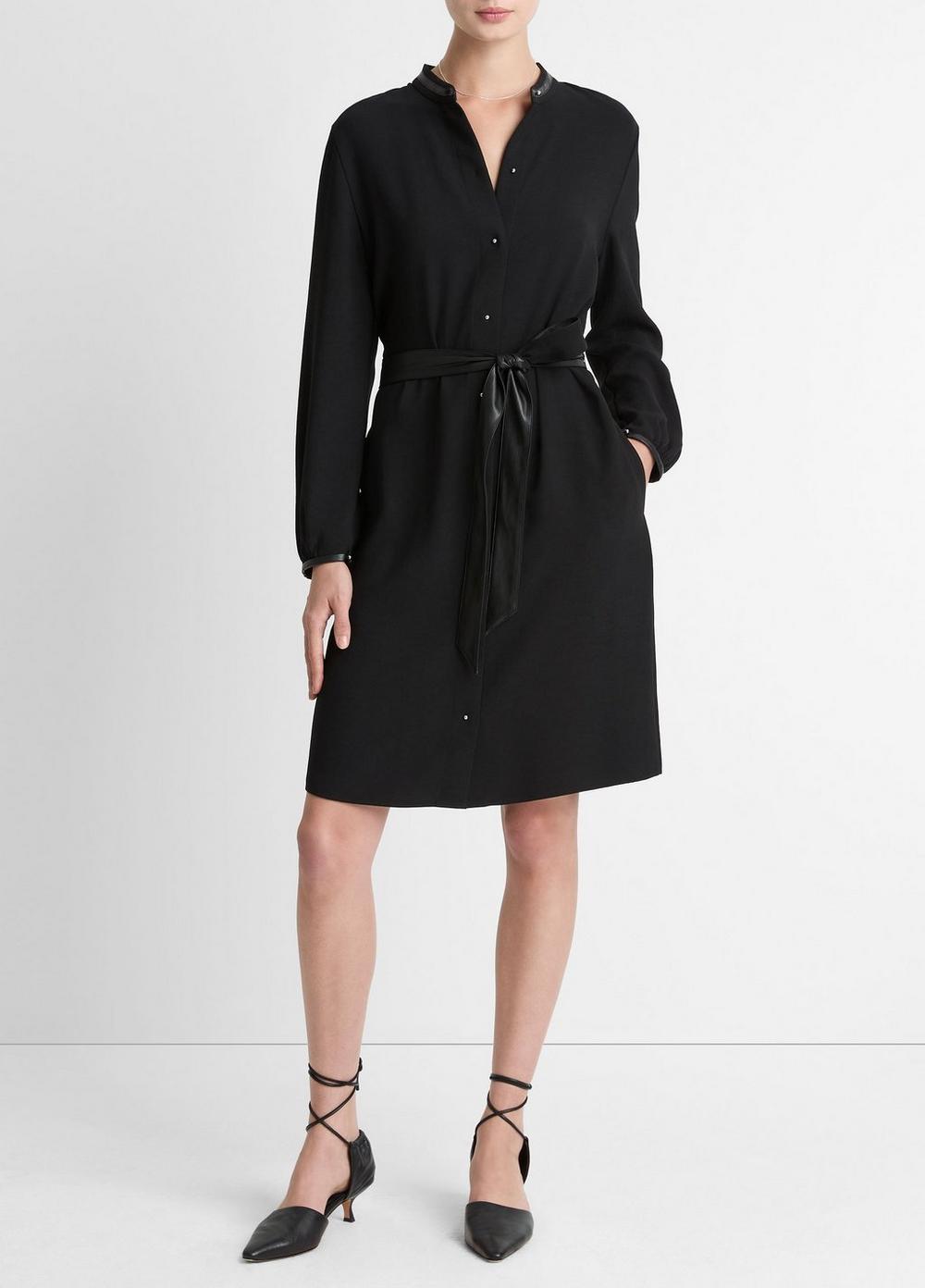 Women's Faux-Leather-Trim Crepe Shirt Dress, Black, Size M Vince by Vince