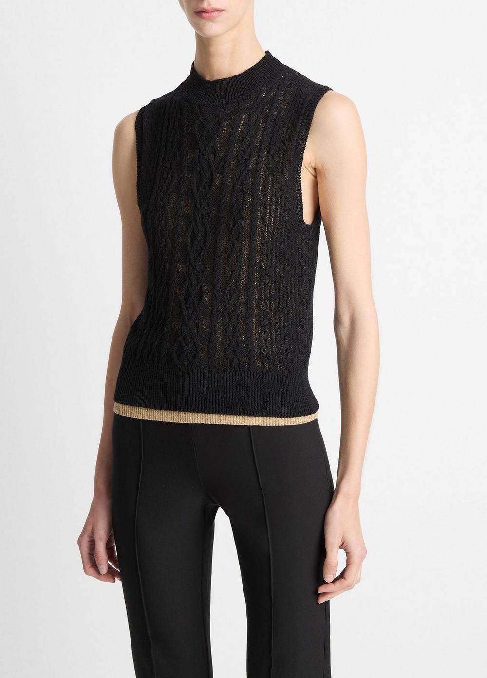 Women's Cable Cotton-Blend Double-Layer Shell, Black/gold Cliff, Size S Vince