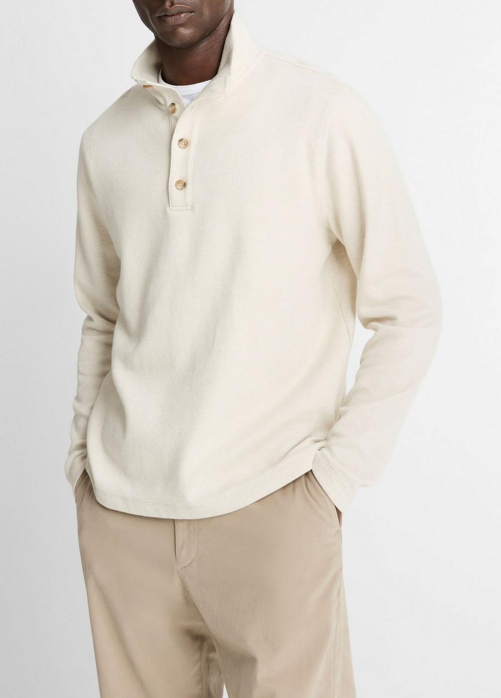 Men's Cotton Button Mock-Neck Pullover, Heather Bone, Size M Vince by Vince
