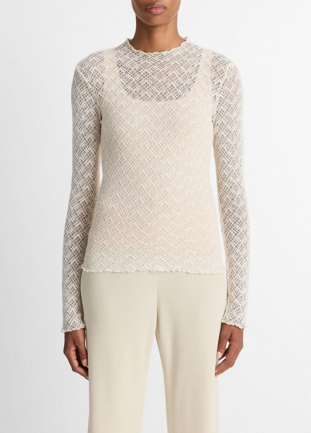 Women's Cotton-Blend Diamond Lace Mock-Neck Long-Sleeve Top, Alabaster, Size L Vince