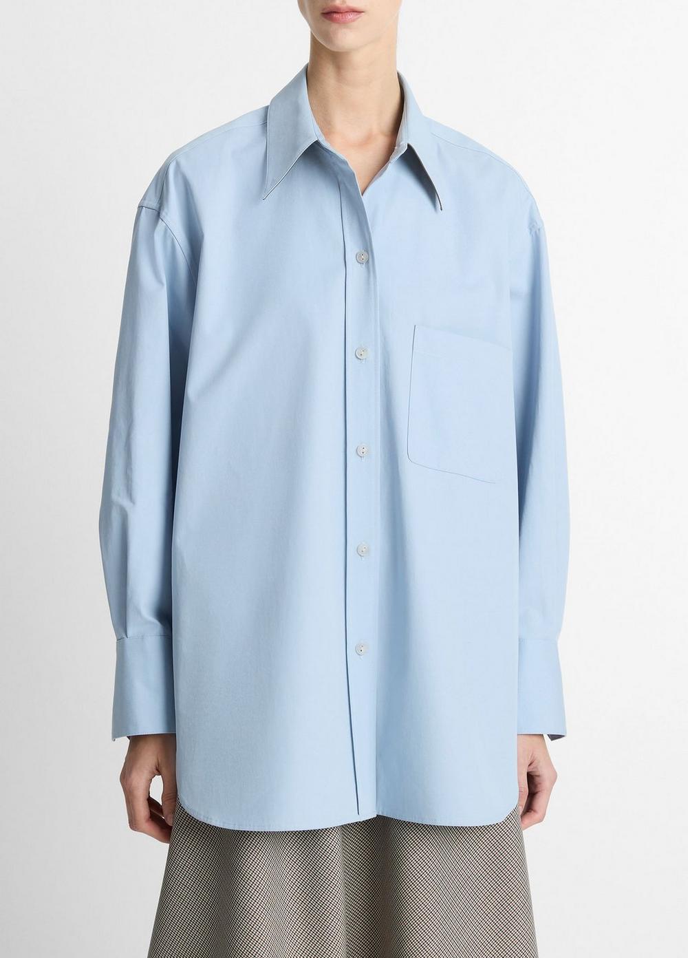 Women's Faux-Leather-Trim Italian Cotton Oversized Button-Front Shirt, Amalfi, Size S Vince