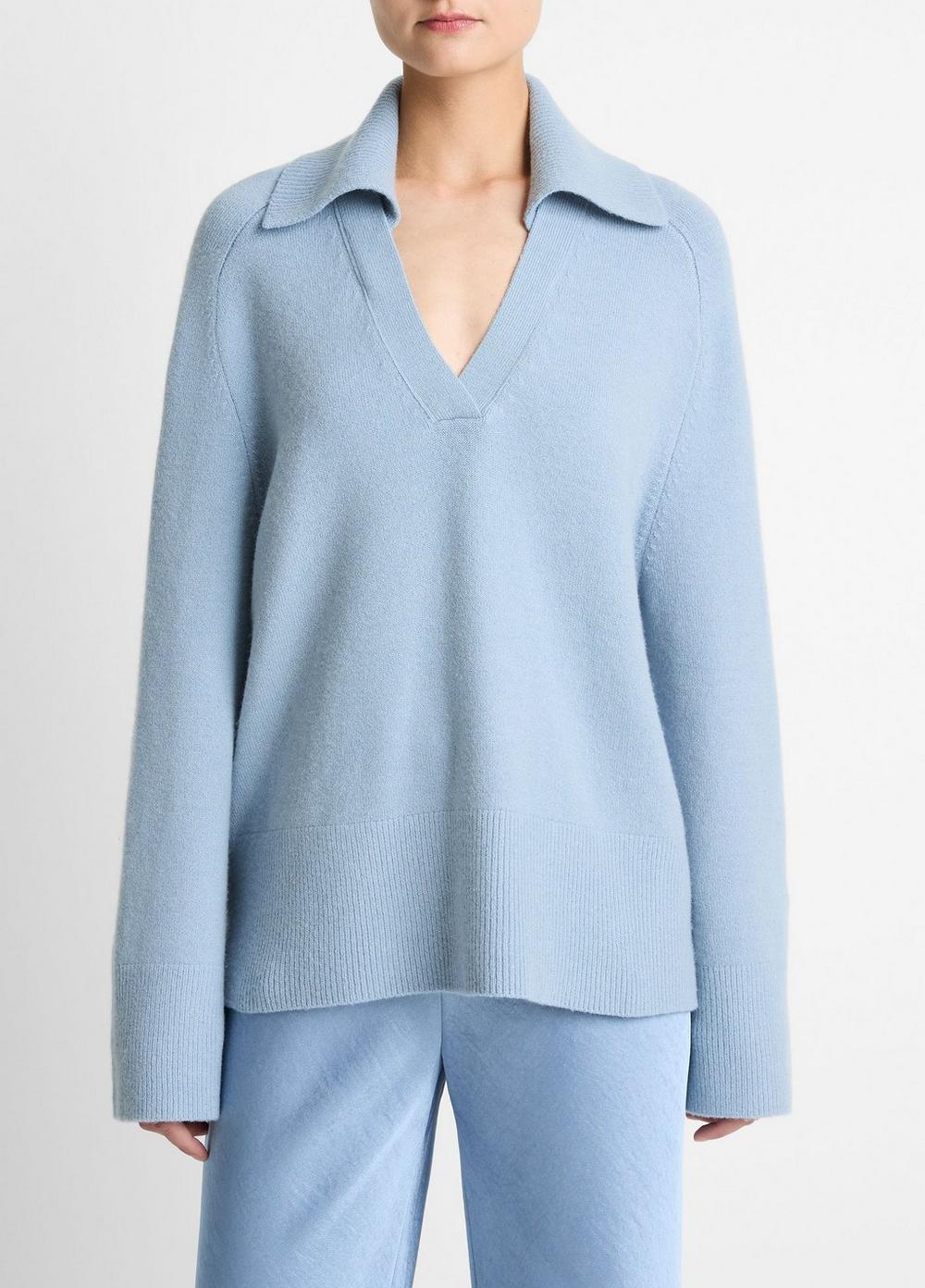 Women's Wool & Cashmere-Blend Oversized Polo Sweater, Pacific, Size XL Vince
