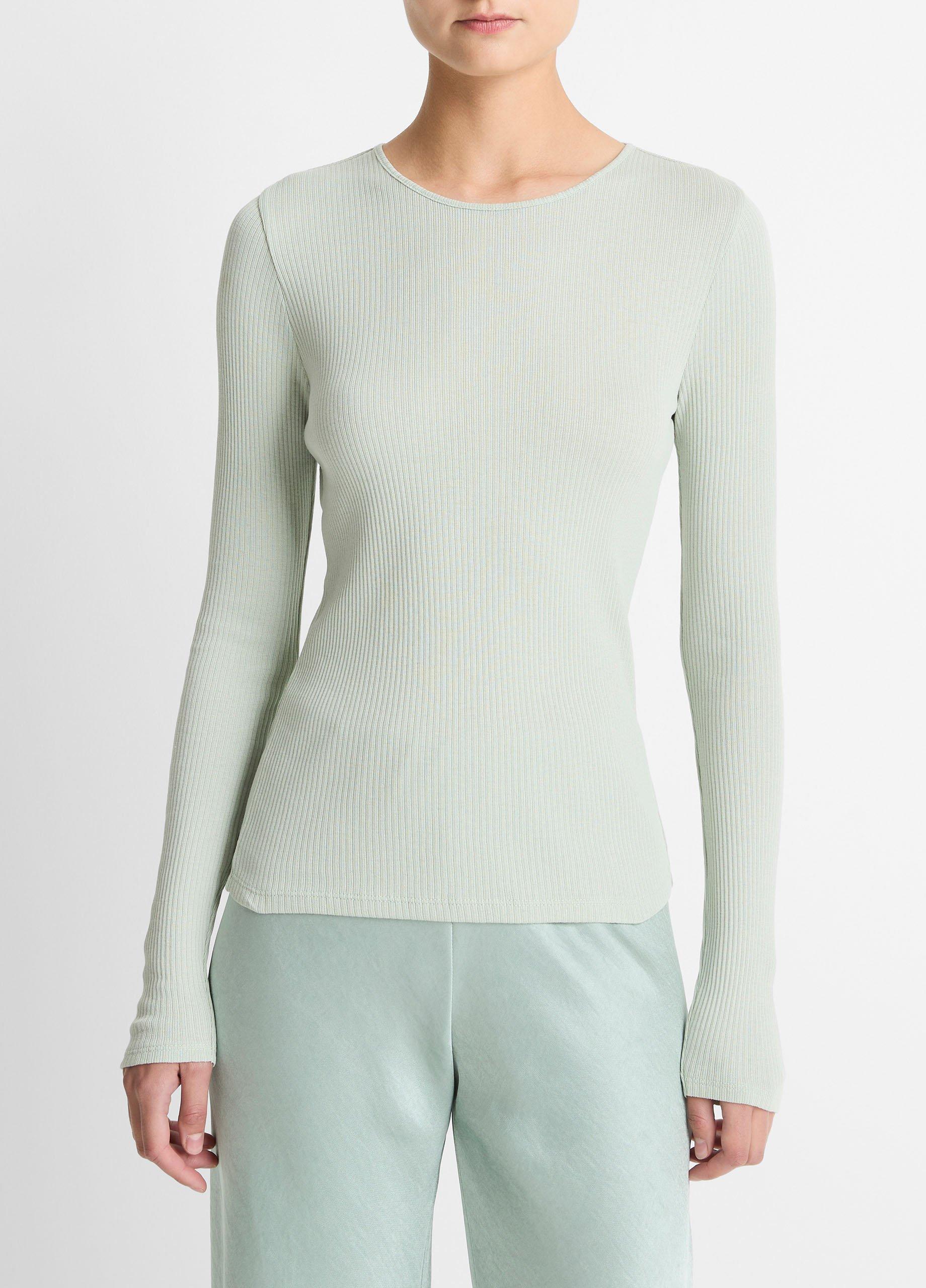 Women's Ribbed Pima Cotton Long-Sleeve T-Shirt, Light Aloe Stone, Size M Vince