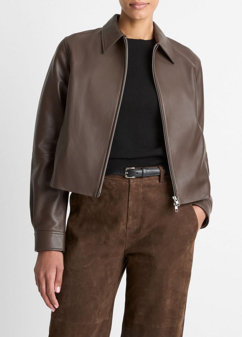 Women's Leather Cropped Zip-Front Jacket, Chocolate, Size XS Vince