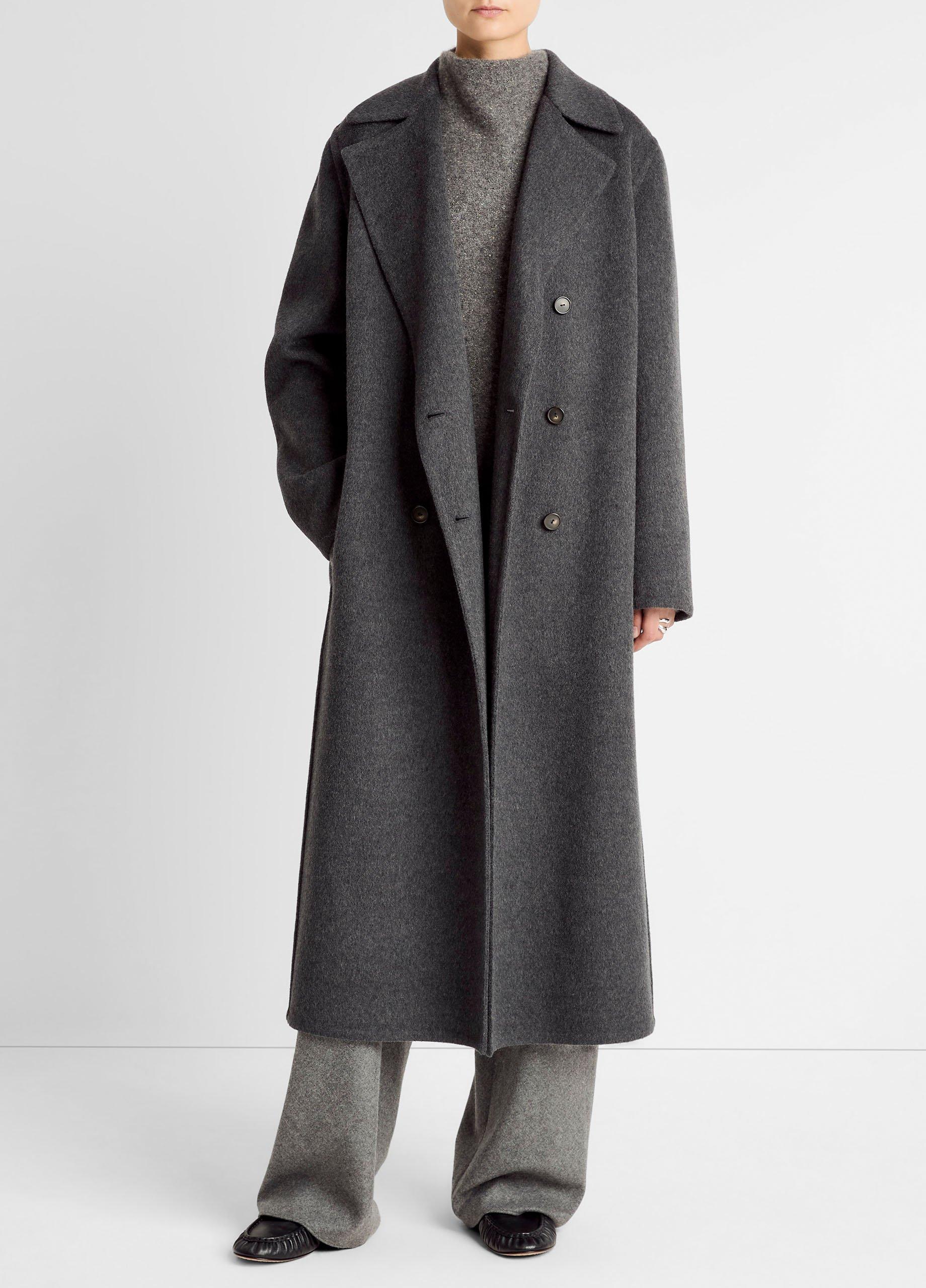 Women's Wool-Blend Double-Breasted Long Coat, Charcoal, Size M Vince