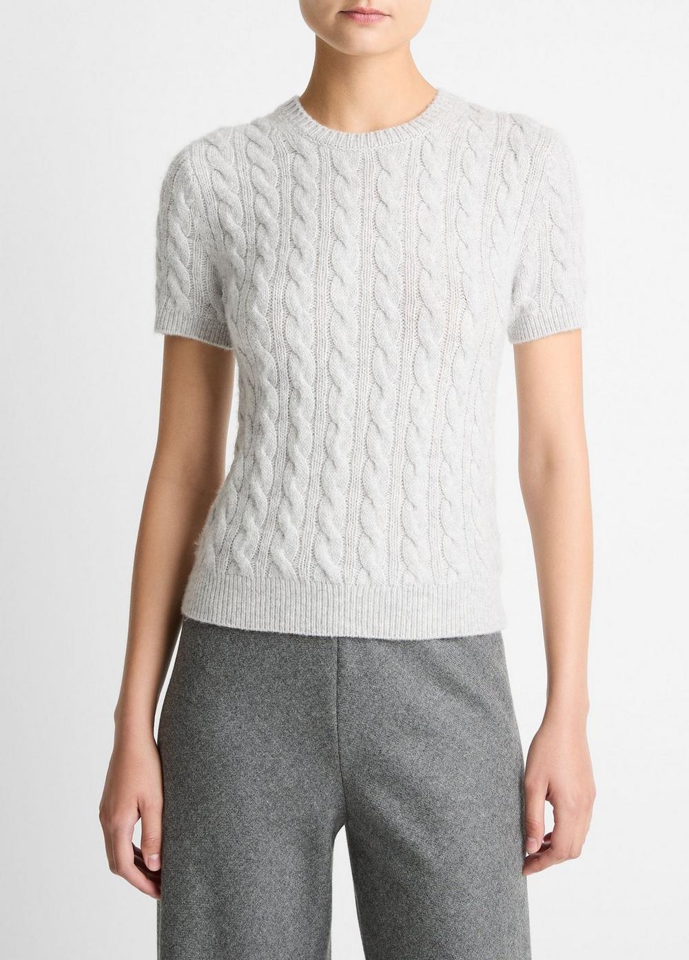 Women's Cable-Knit Wool & Cashmere-Blend Short-Sleeve Sweater, Heather Pale Grey, Size M Vince
