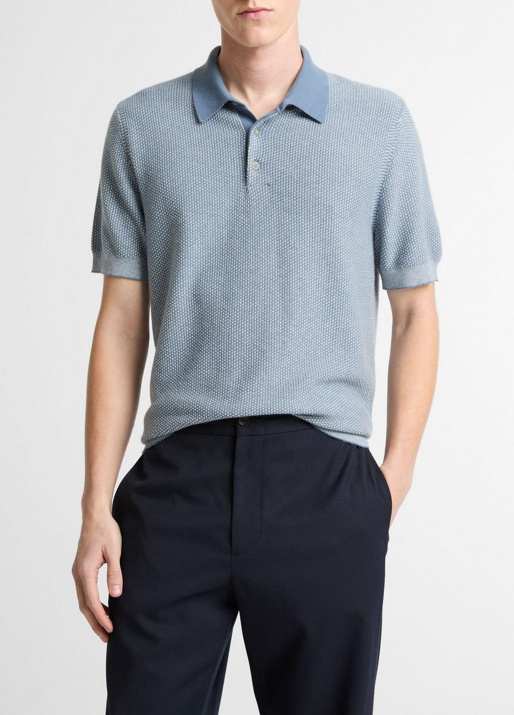 Men's Geo-jacquard Wool-Blend Blend Polo Sweater, Uniform Blue/classic Cream, Size XXL Vince
