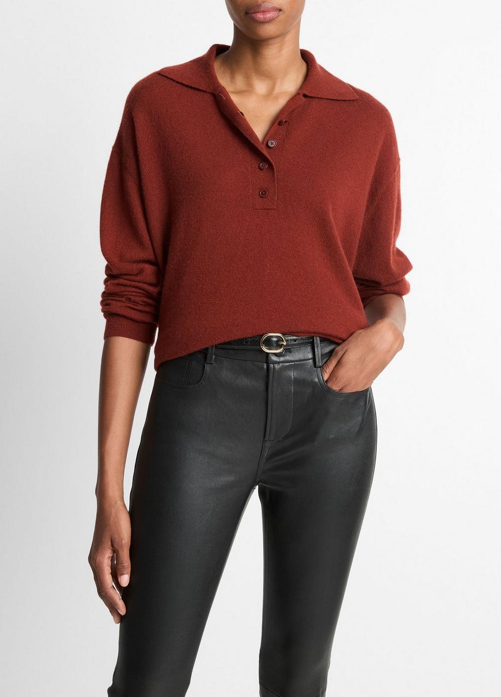 Women's Cashmere-Silk Wide-placket Polo Sweater, Siena, Size L Vince