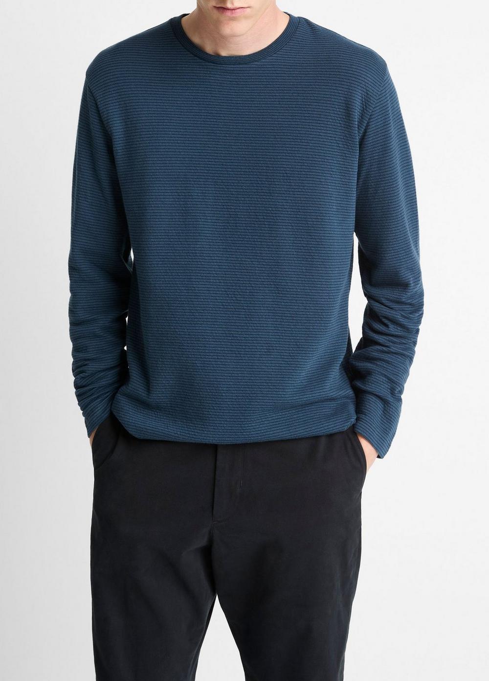 Men's Striped Double-Knit Pima Cotton Long-Sleeve T-Shirt, Clear Lake/rapids, Size XL Vince