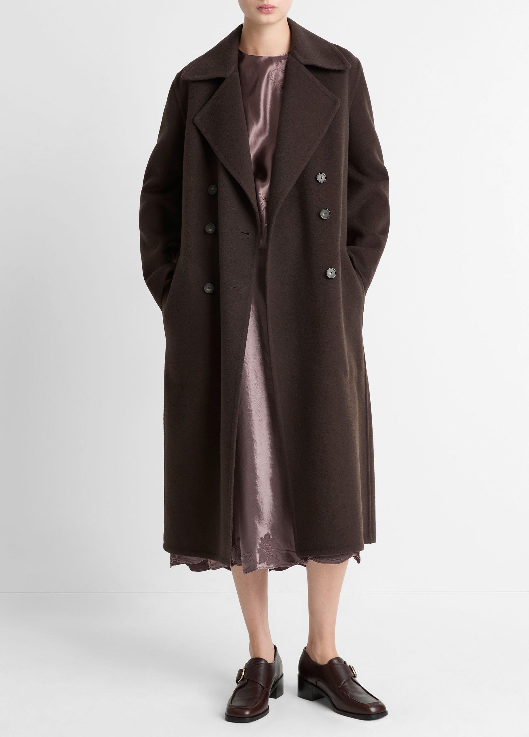 Women's Wool-Blend Double-Breasted Long Coat, Deep Espresso, Size XS Vince