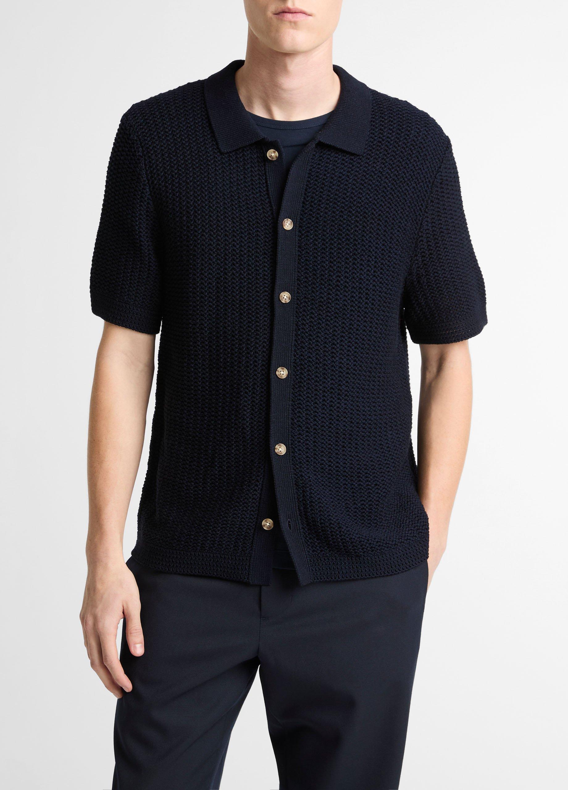 Men's Cotton Crochet Button-Front Shirt, Coastal Blue, Size L Vince