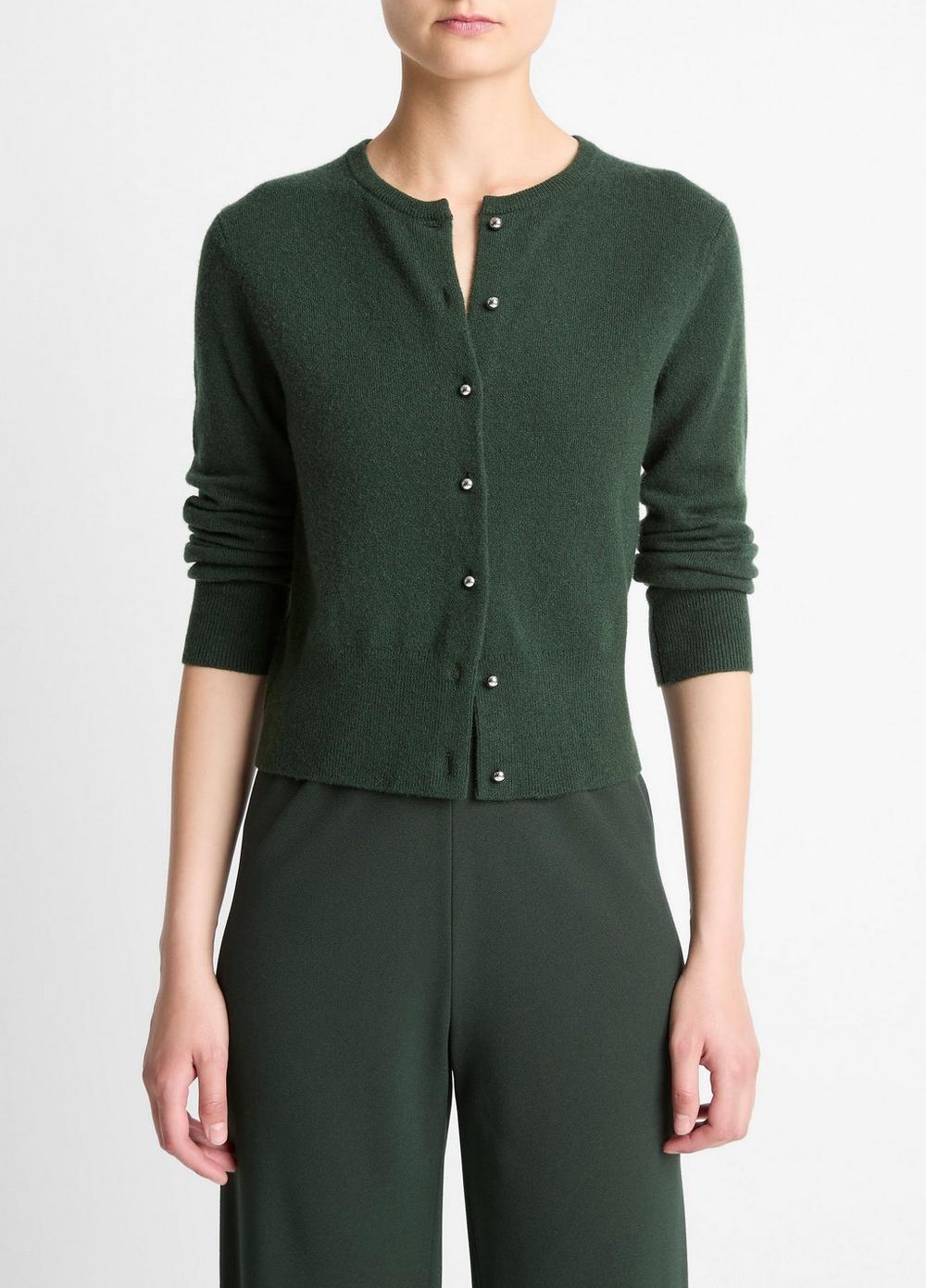 Women's Metal-button Wool & Cashmere-Blend Cardigan, Forest, Size XXS Vince