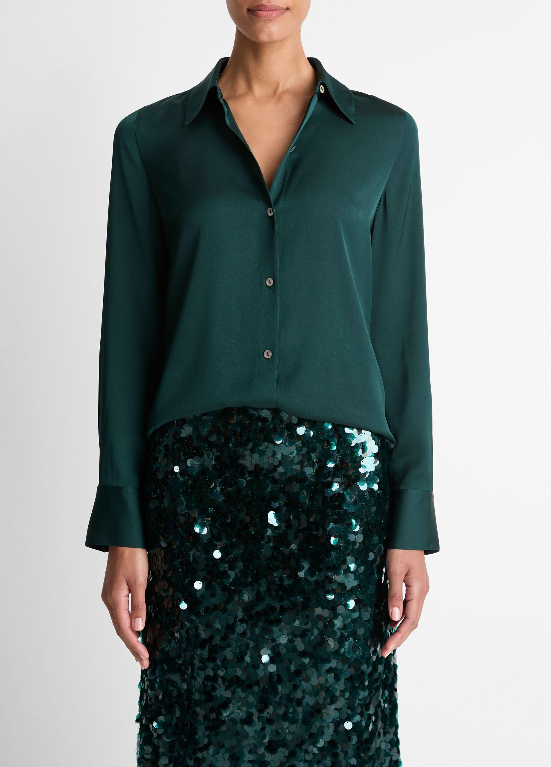 Women's Silk-Blend Slim Button-Front Blouse, Juniper, Size L Vince