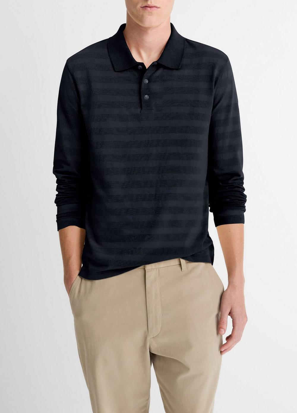 Men's Jacquard-Stripe Cotton Long-Sleeve Polo Shirt, Coastal Blue, Size M Vince