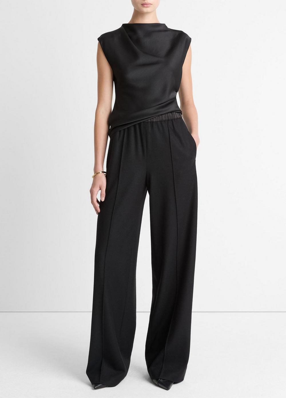 Women's Satin-Trim Italian Wool-Blend Pull-On Pant, Black, Size L Vince