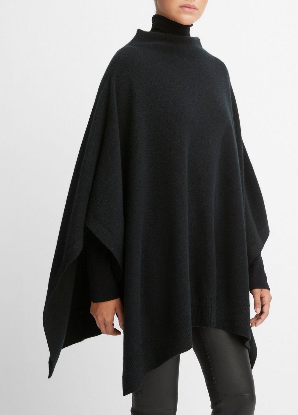 Women's Merino Wool-Cashmere Funnel-Neck Poncho, Black Vince