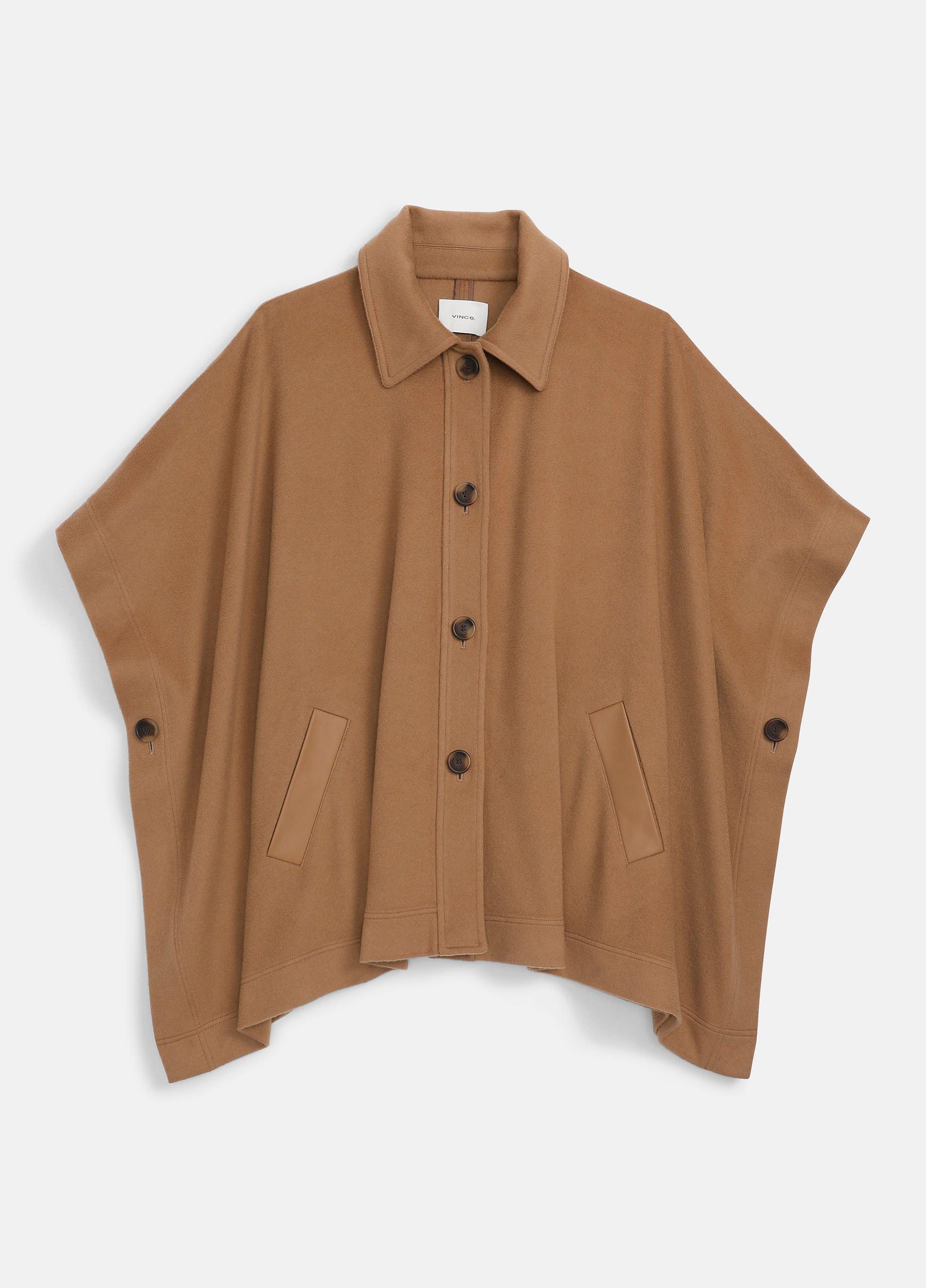 Women's Leather-Trim Wool Cape, Camel Vince