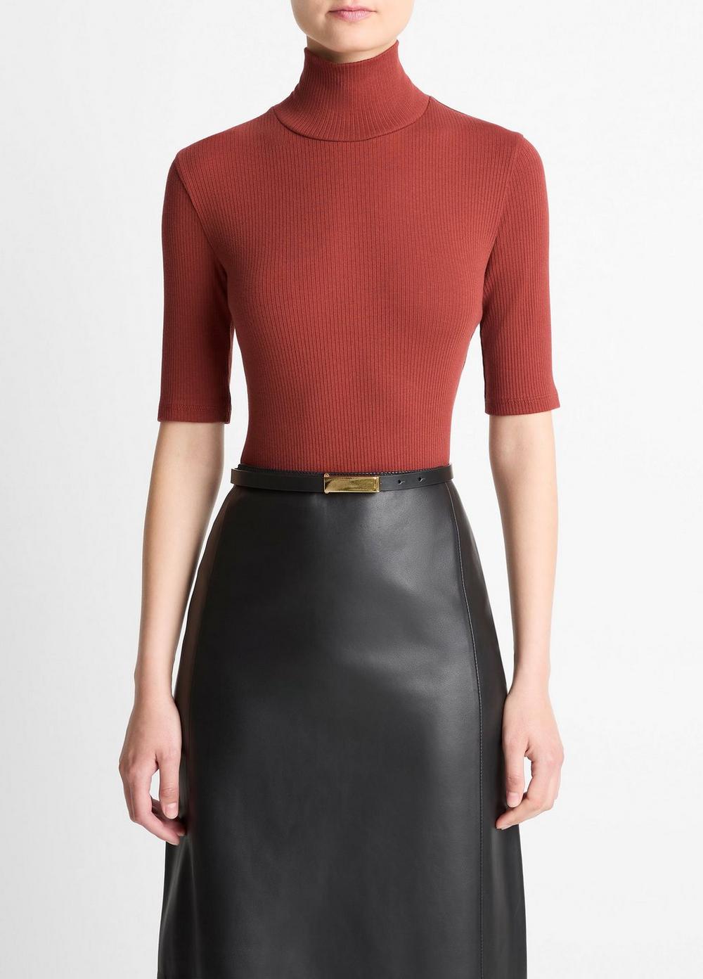 Women's Ribbed Cotton Elbow-Sleeve Turtleneck Top, Siena, Size XL Vince