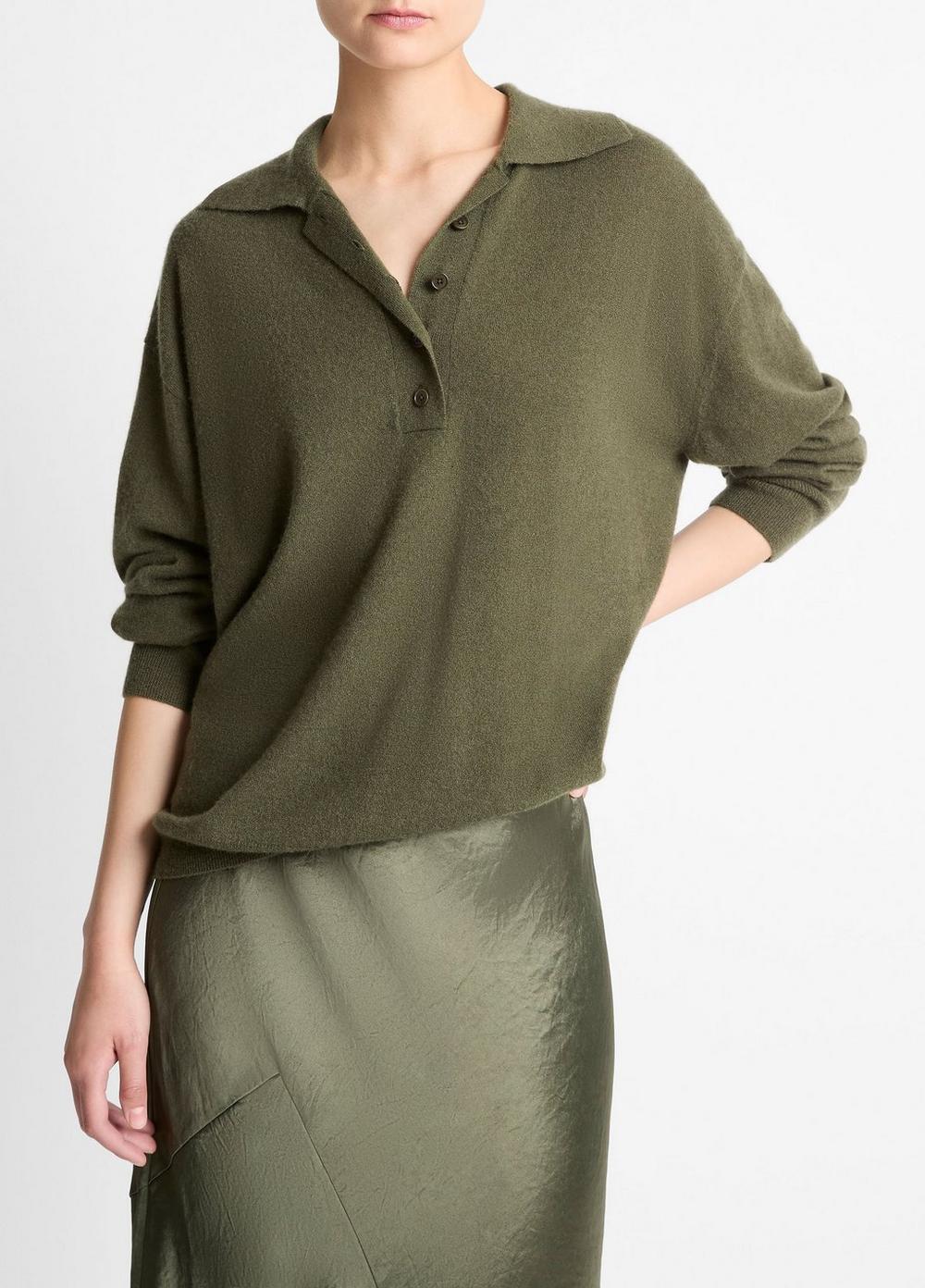 Women's Cashmere-Silk Wide-placket Polo Sweater, Herba, Size M Vince