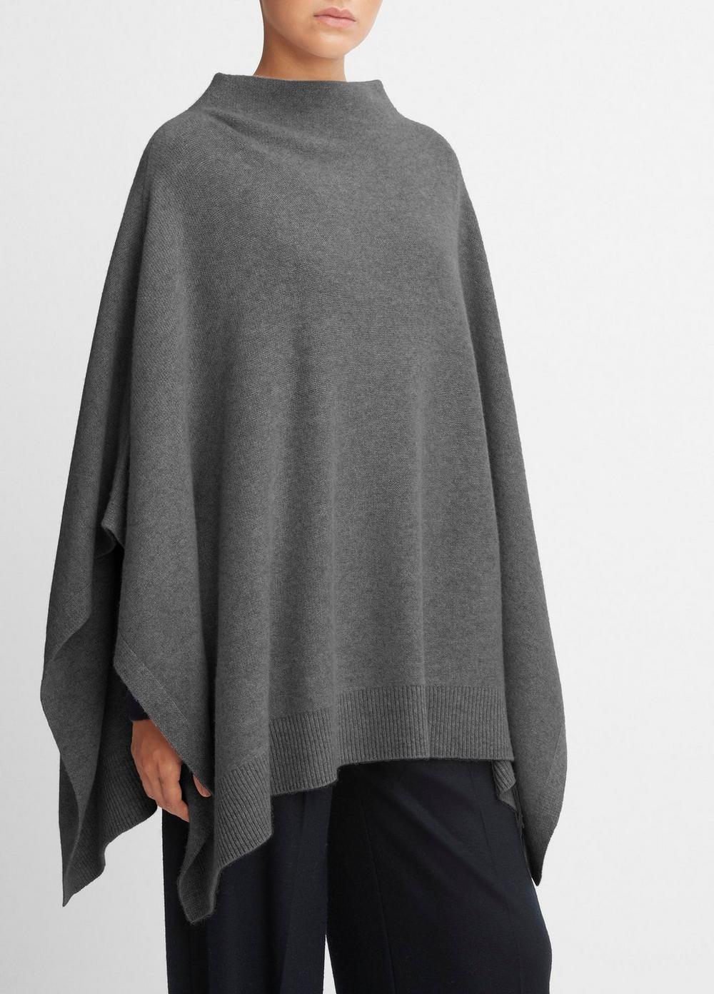 Women's Merino Wool-Cashmere Funnel-Neck Poncho, Heather Grey Vince