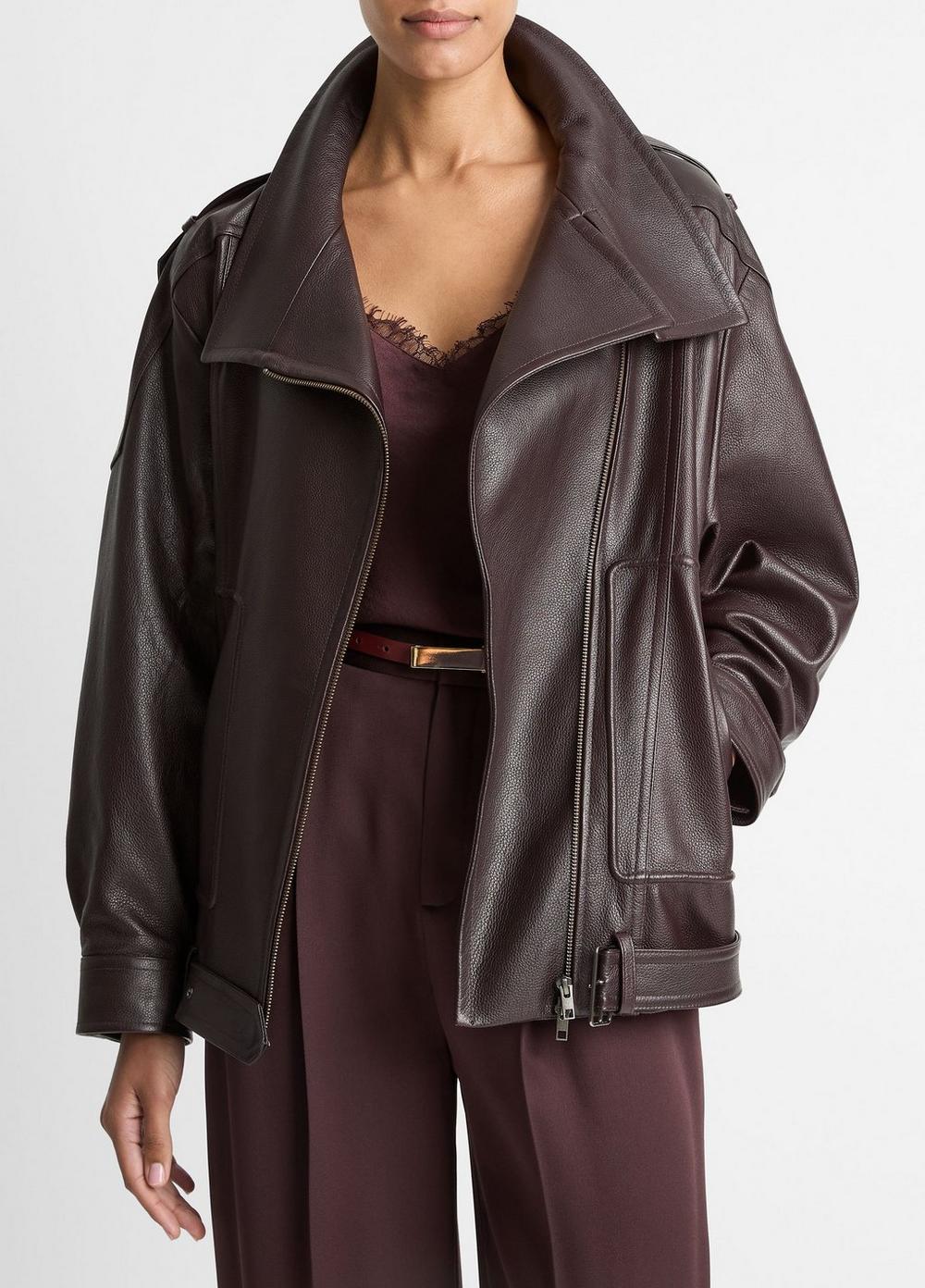 Women's Leather Oversized Biker Jacket, Dark Fig, Size L Vince