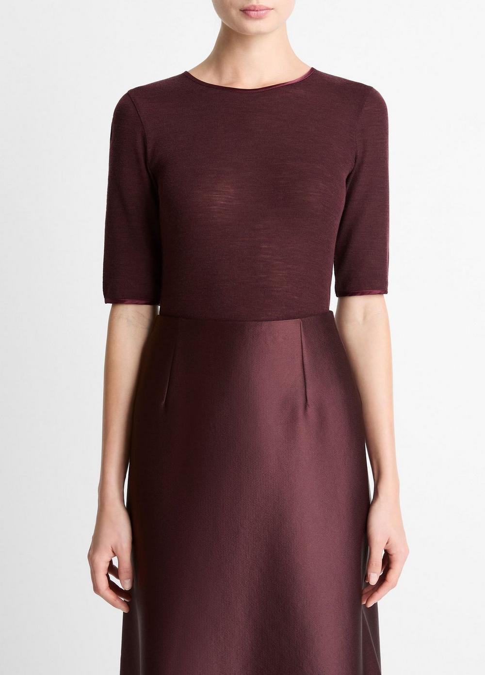 Women's Satin-Trim Wool Elbow-Sleeve T-Shirt, Oxblood, Size XL Vince
