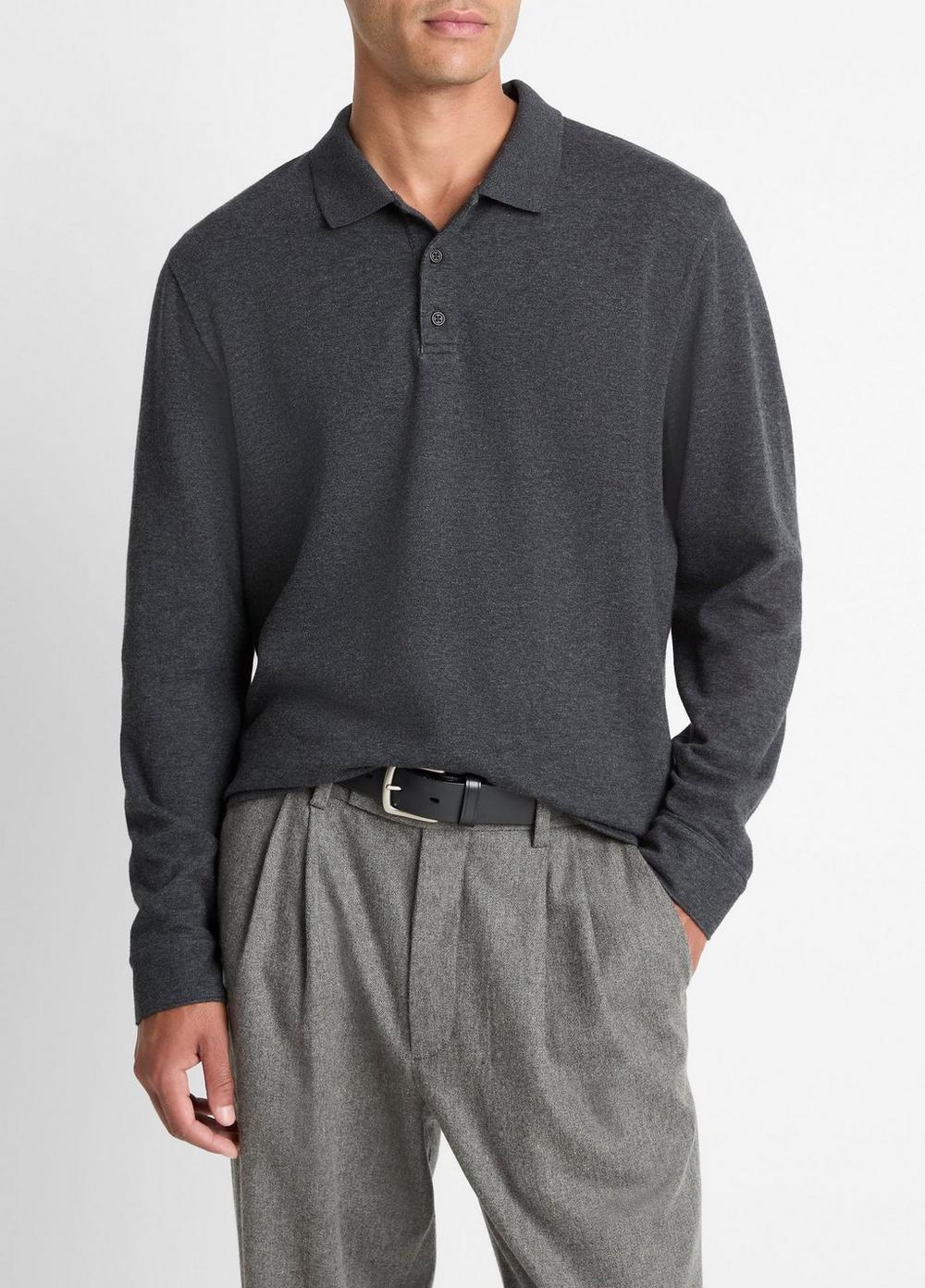 Men's Heathered Double-Face Cotton-Blend Polo Shirt, Heather Charcoal/heather Fog, Size XS Vince