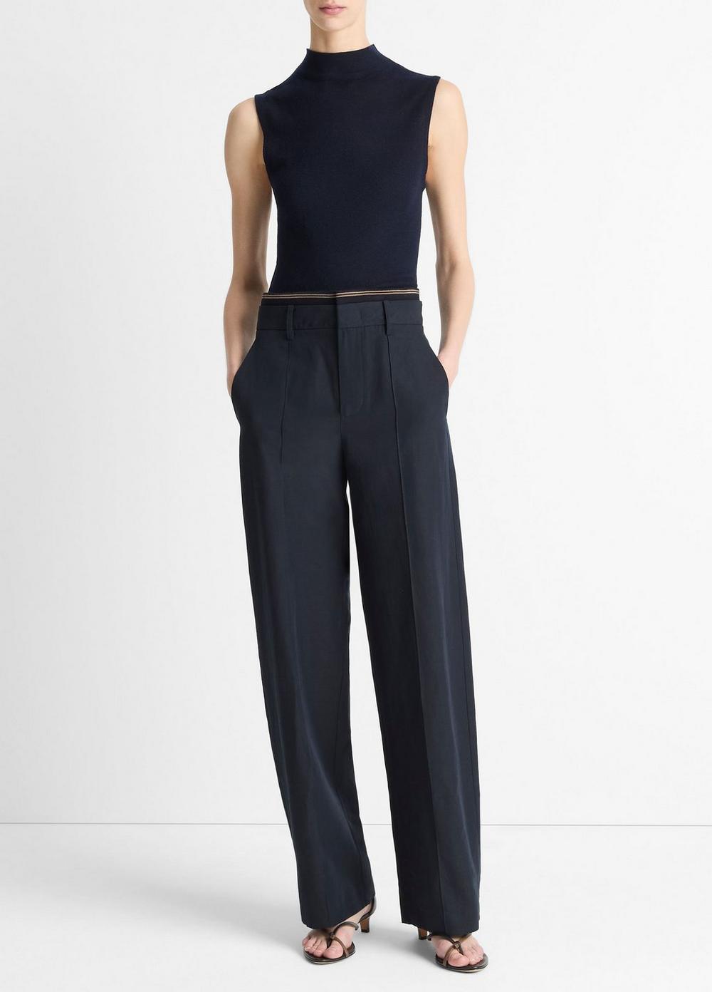 Women's Rib-Trim Cotton-Blend High-Waist Trouser, Coastal Blue, Size 16 Vince