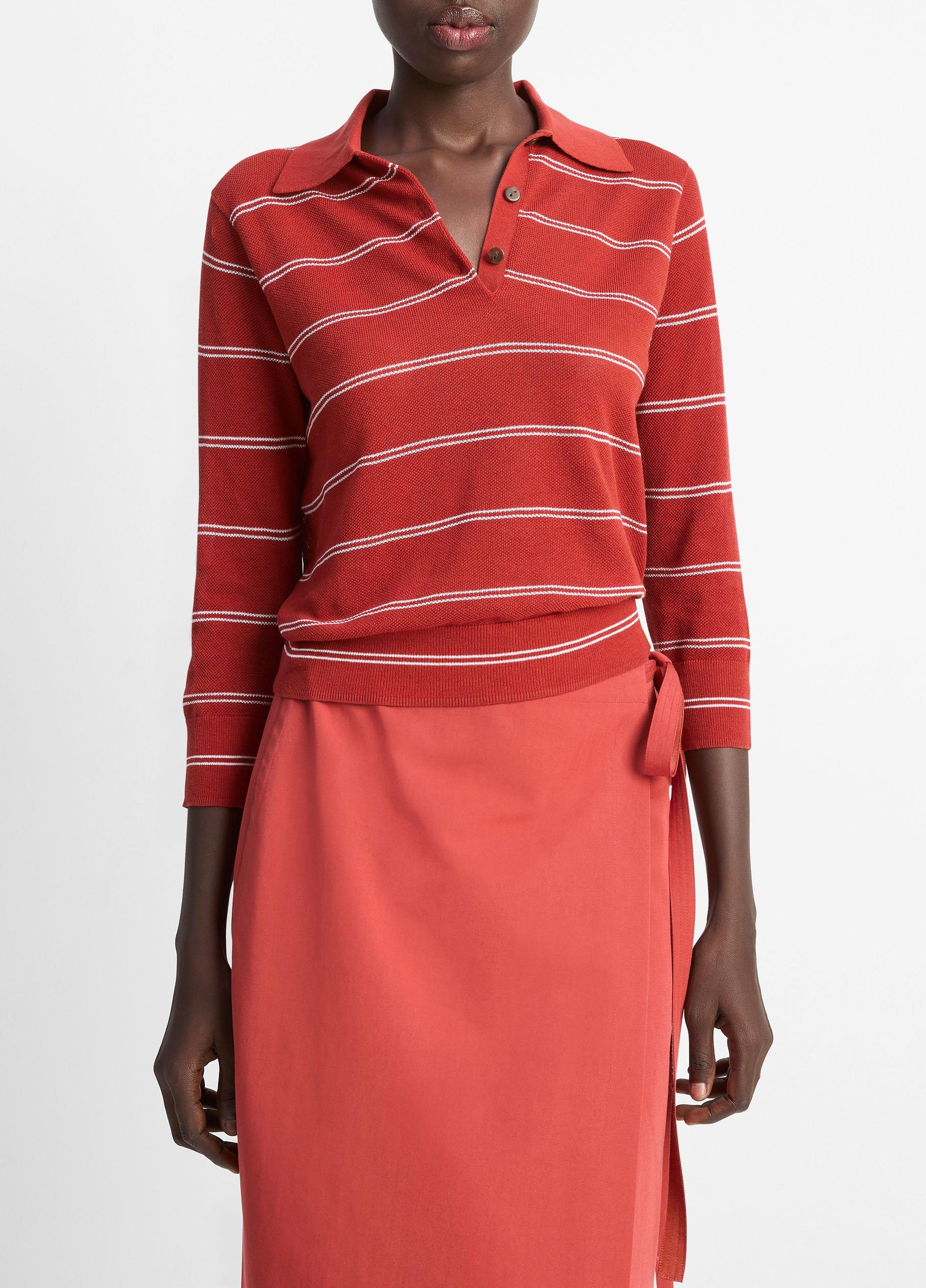Women's Striped Italian Cotton Piqué Polo Shirt, Brick Rose/off White, Size XL Vince by Vince