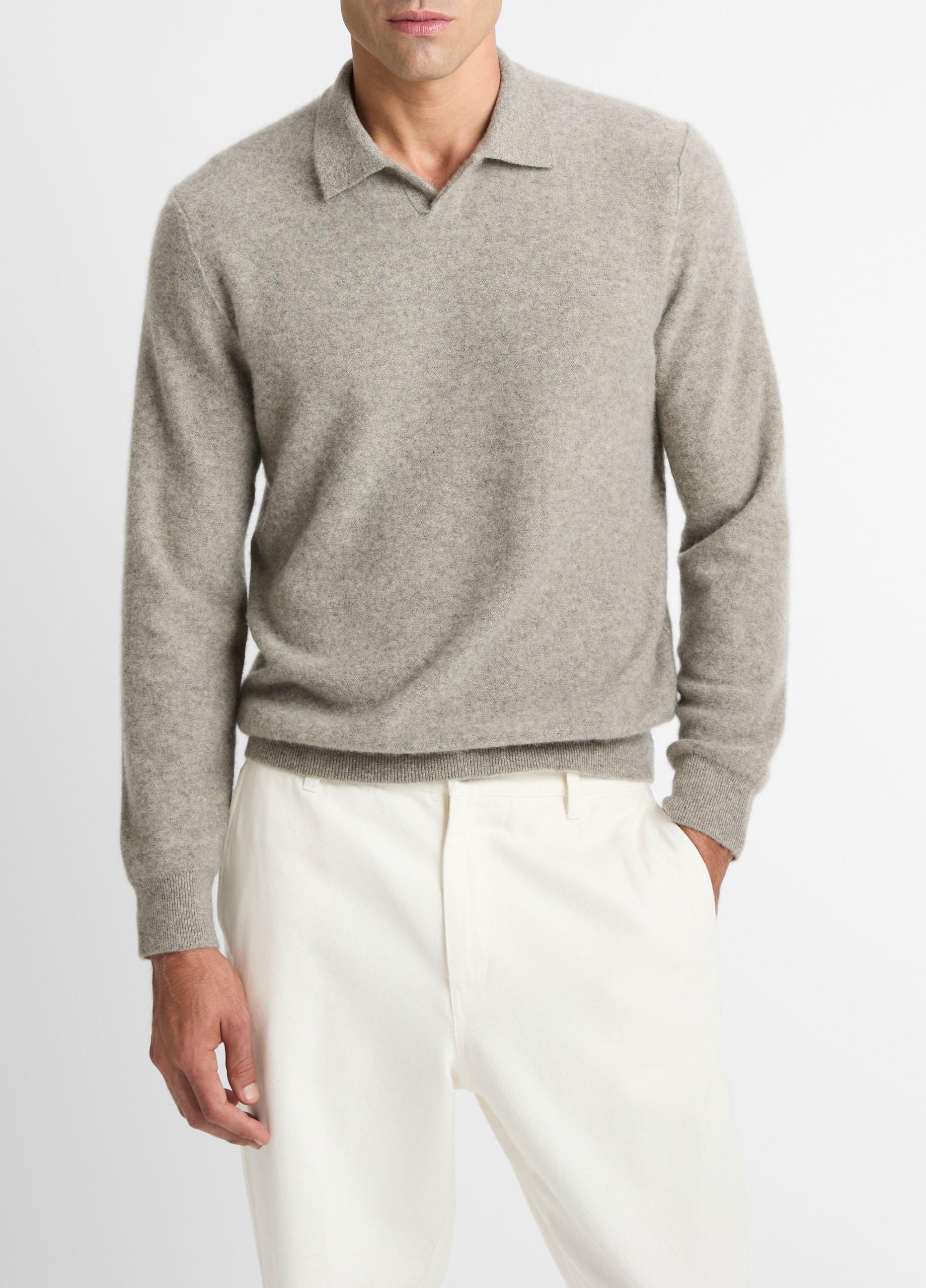 Men's Plush Cashmere Johnny-Collar Polo, Heather Mouse, Size L Vince