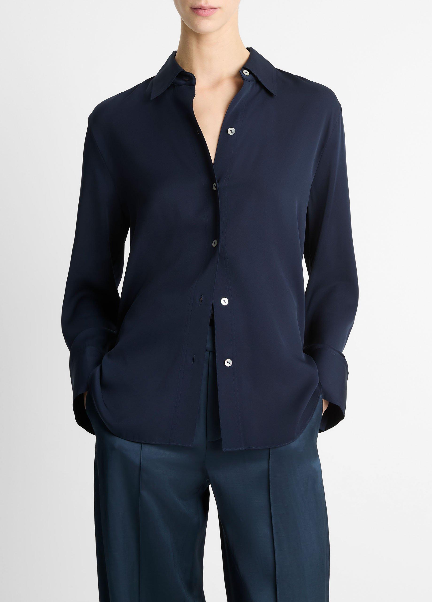 Women's Stretch-Silk Button-Front Blouse, Coastal Blue, Size XXS Vince