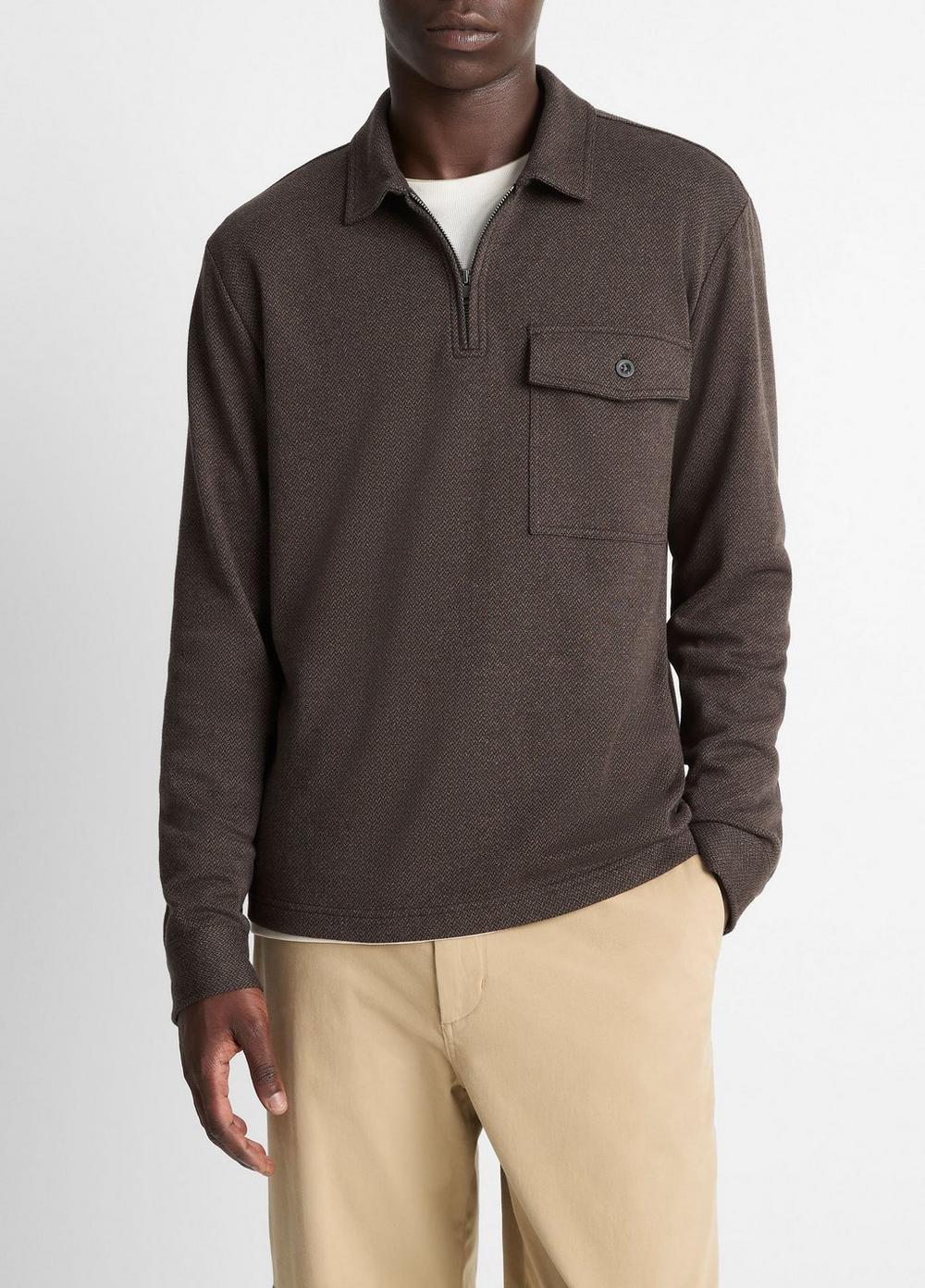 Men's Herringbone Cotton-Blend Zip Polo Shirt, Heather Dark Roast/black, Size XXL Vince