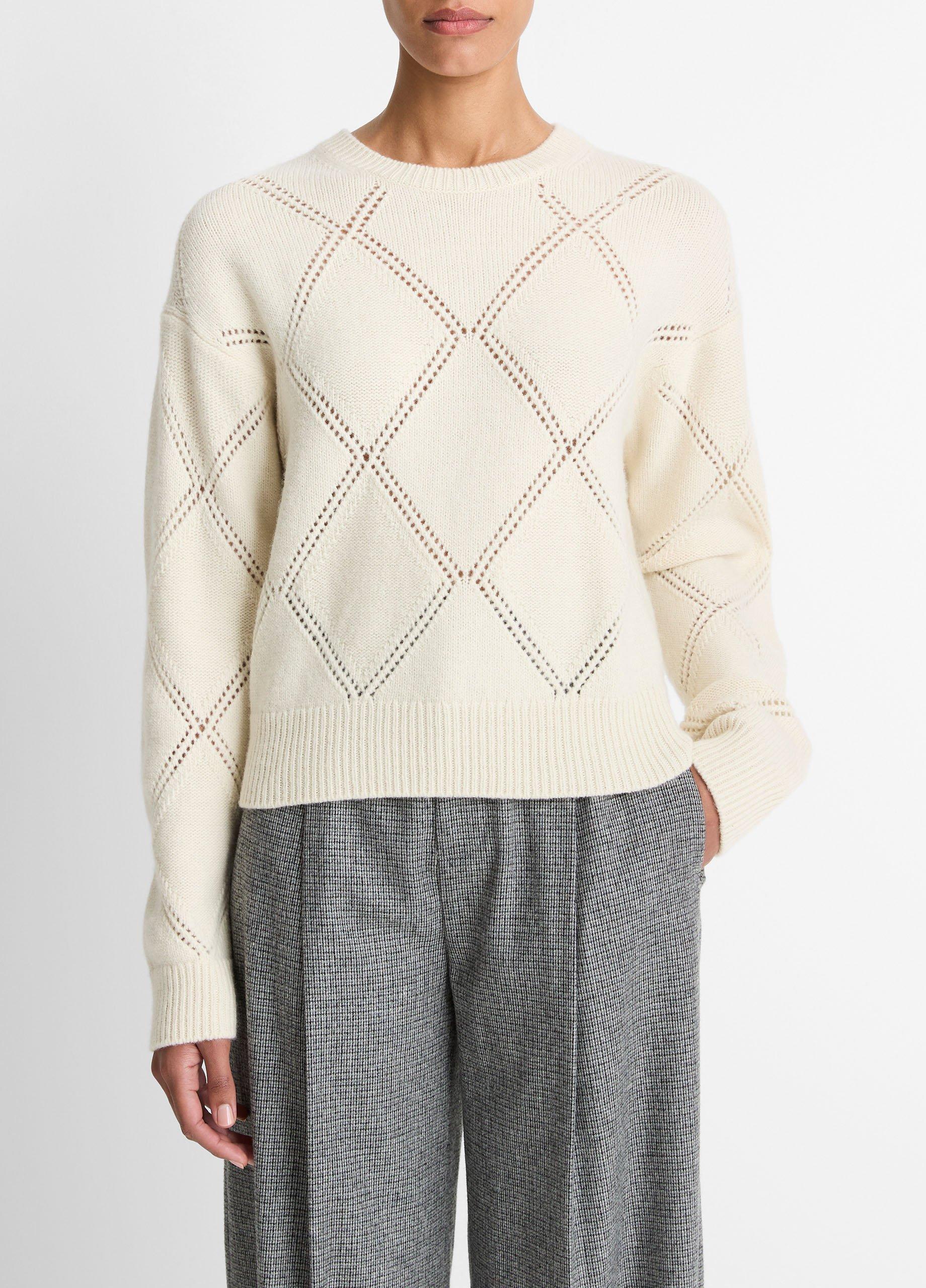 Women's Textured Argyle Italian Wool Sweater, Cream, Size XL Vince