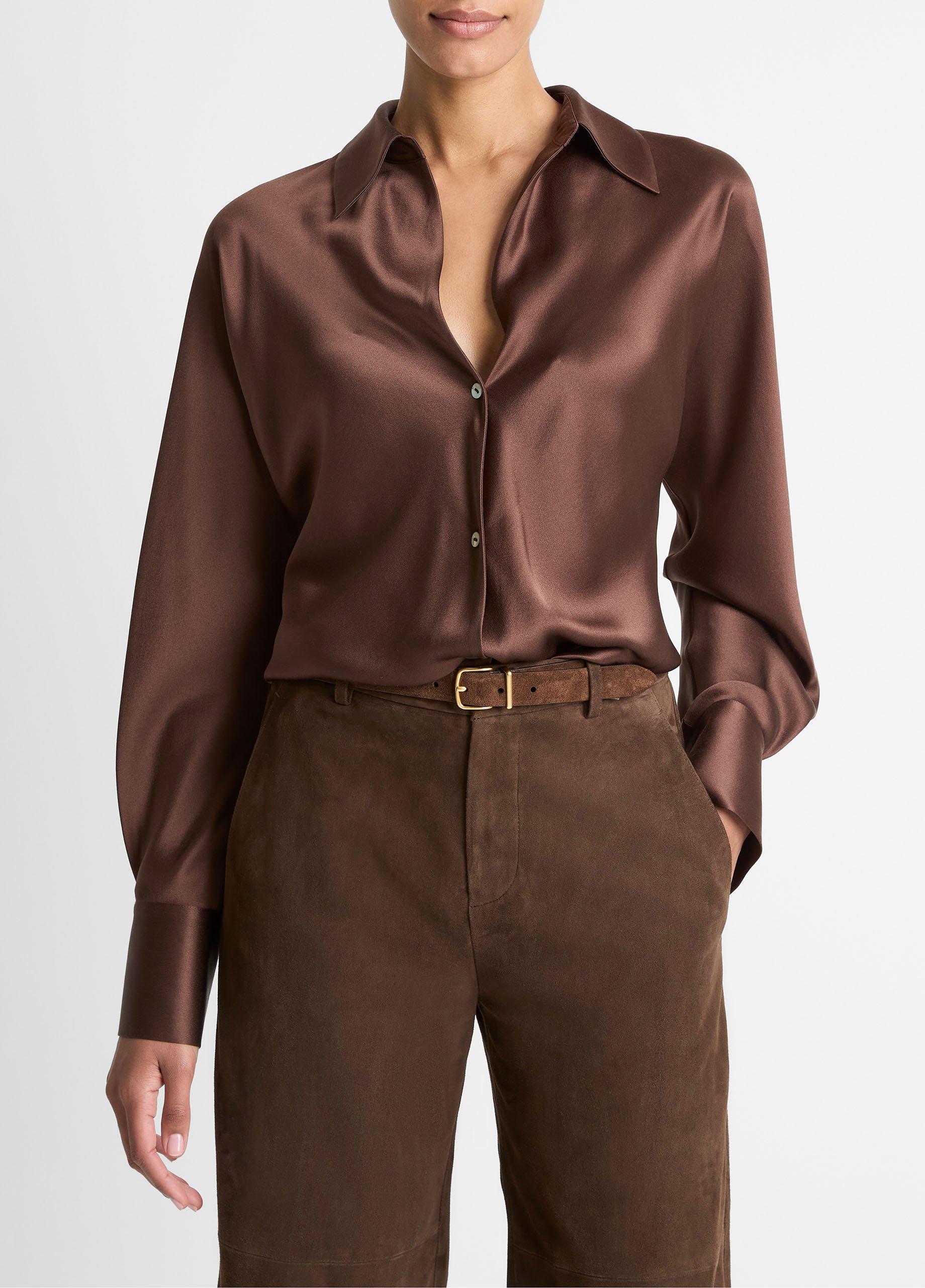 Women's Silk Bias Long-Sleeve Blouse, Espresso, Size XS Vince