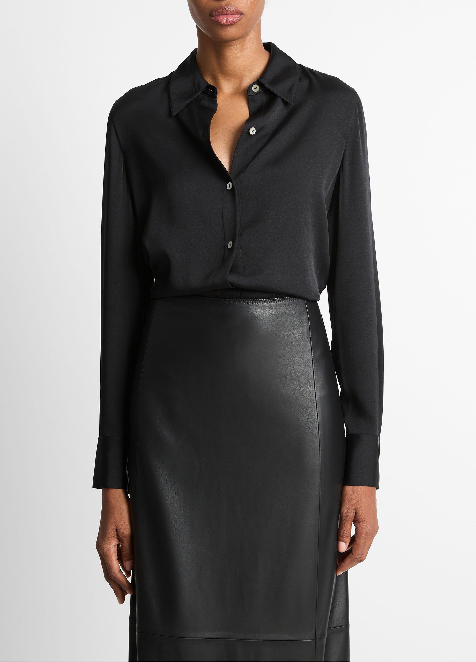 Women's Silk-Blend Slim Button-Front Blouse, Black, Size L Vince