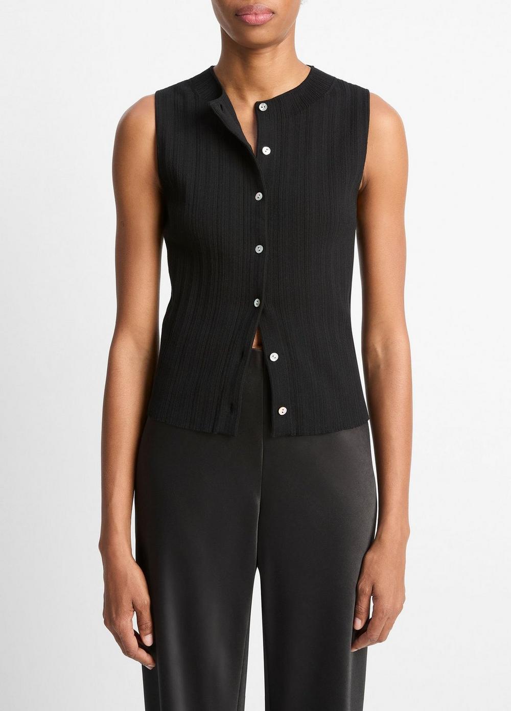 Women's Ribbed Italian Cotton-Blend Button-Front Sweater Shell, Black, Size XXS Vince