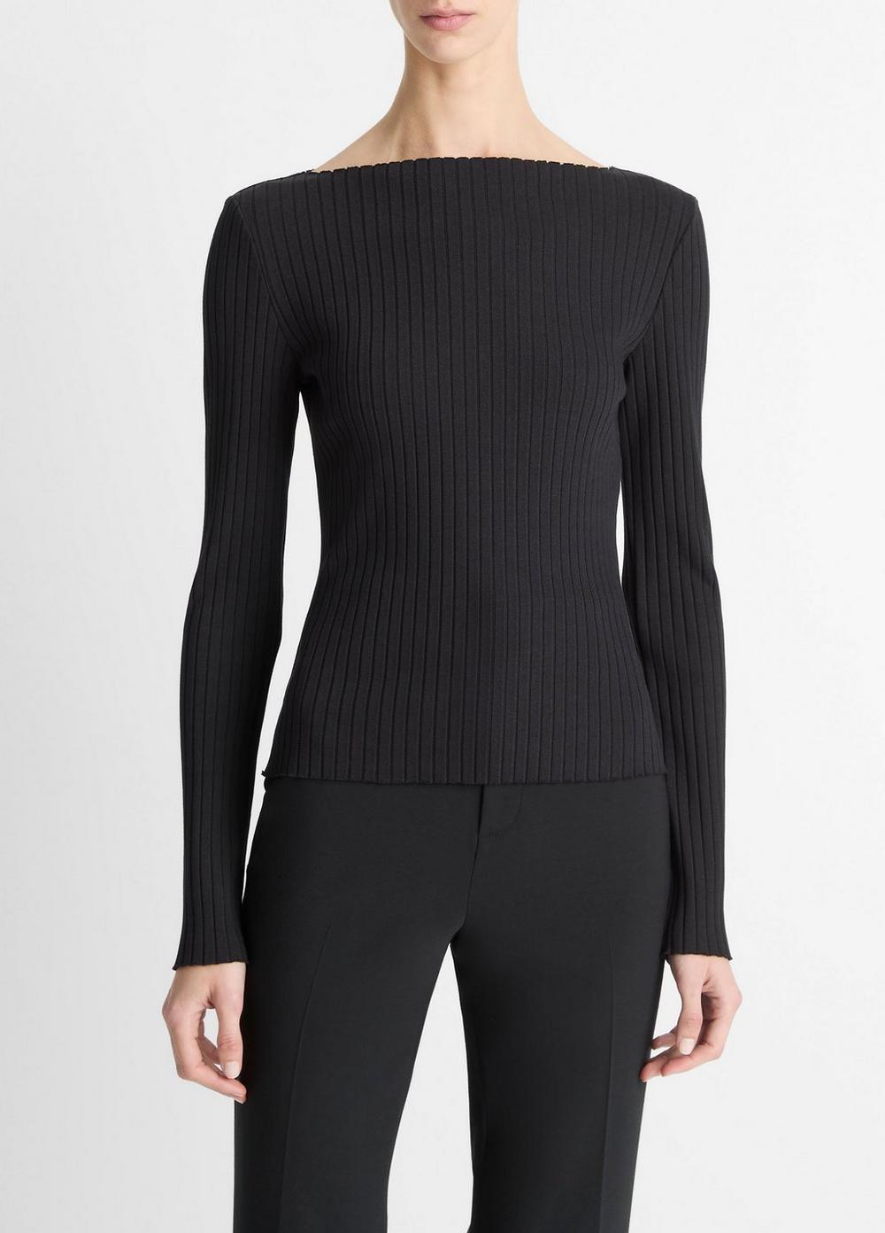 Women's Ribbed Cotton-Blend Slash-Neck Long-Sleeve Top, Black, Size XL Vince