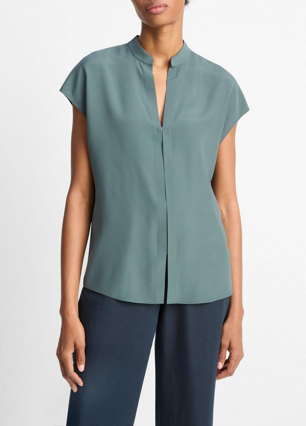 Women's Contrast-placket Stretch-Silk Cap-Sleeve Blouse, Teal Stone/clay Sage, Size XXS Vince by Vince