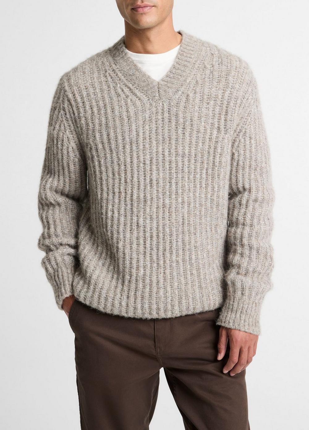 Men's Softspun Alpaca & Wool-Blend V-Neck Sweater, Heather Mouse, Size M Vince