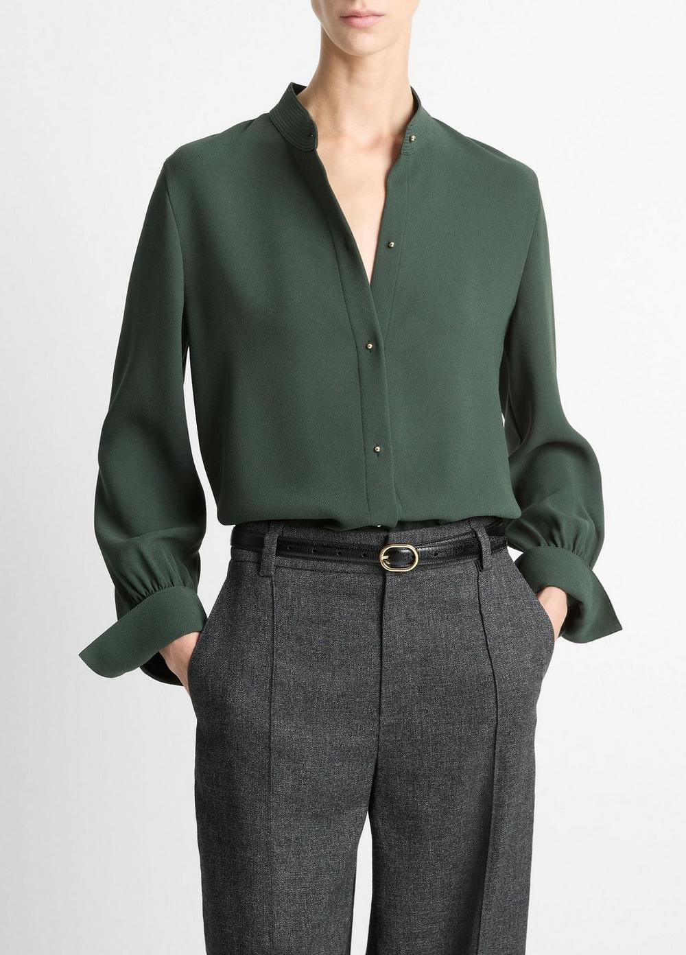 Women's Metal-button Crepe Shirt, Forest, Size XS Vince