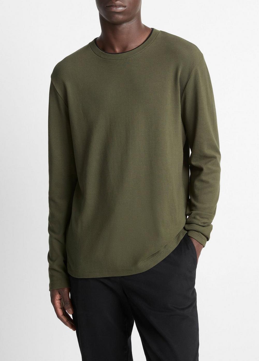 Men's Micro-waffle Pima Cotton Double-Collar Long-Sleeve T-Shirt, Driver Green/black, Size XL Vince