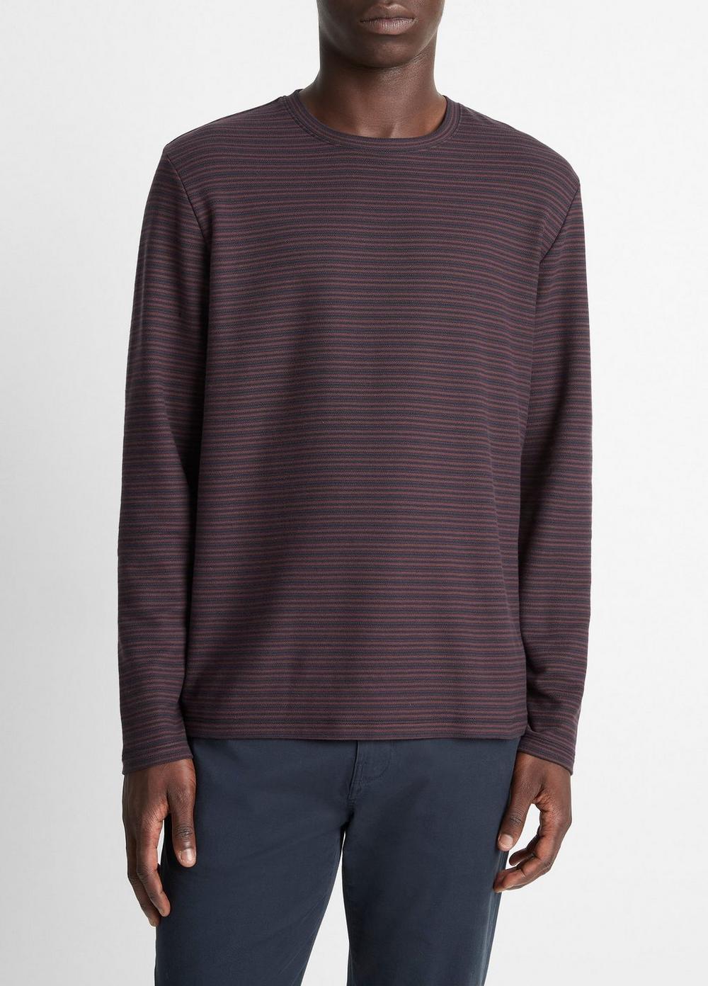 Men's Striped Pima Cotton Piqué Long-Sleeve T-Shirt, Coastal Blue/port, Size XS Vince