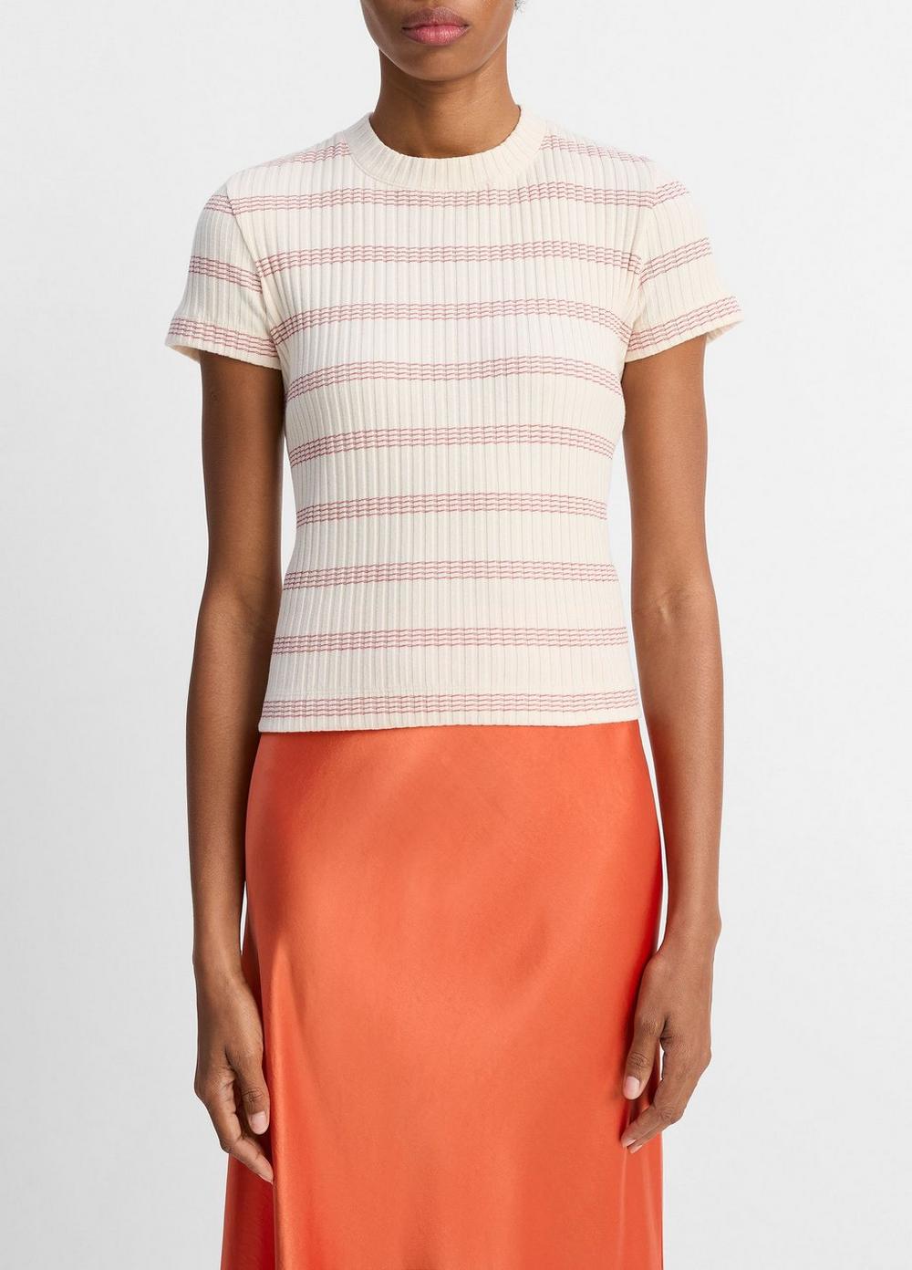 Women's Striped Ribbed Cotton-Blend Top, Oat Shell Combo, Size XL Vince